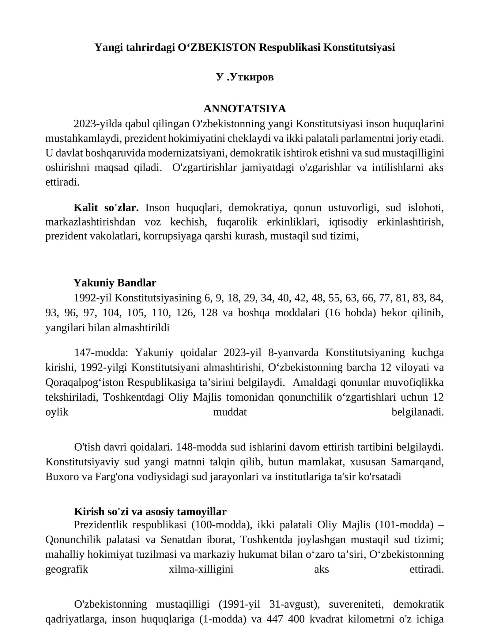 OʻZBEKISTON Respublikasi Yangi Konstitutsiyasi 1