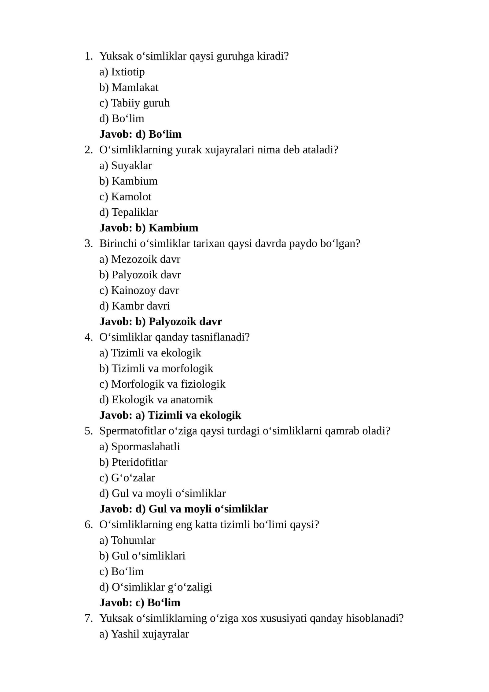 Yuksak O'simliklar mavzusida 50 ta test 1