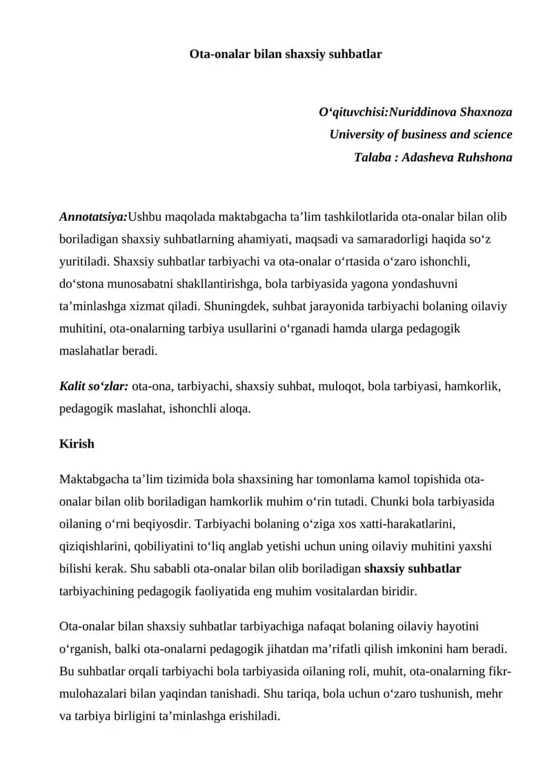 Ota-onalar bilan shaxsiy suhbatlar 1