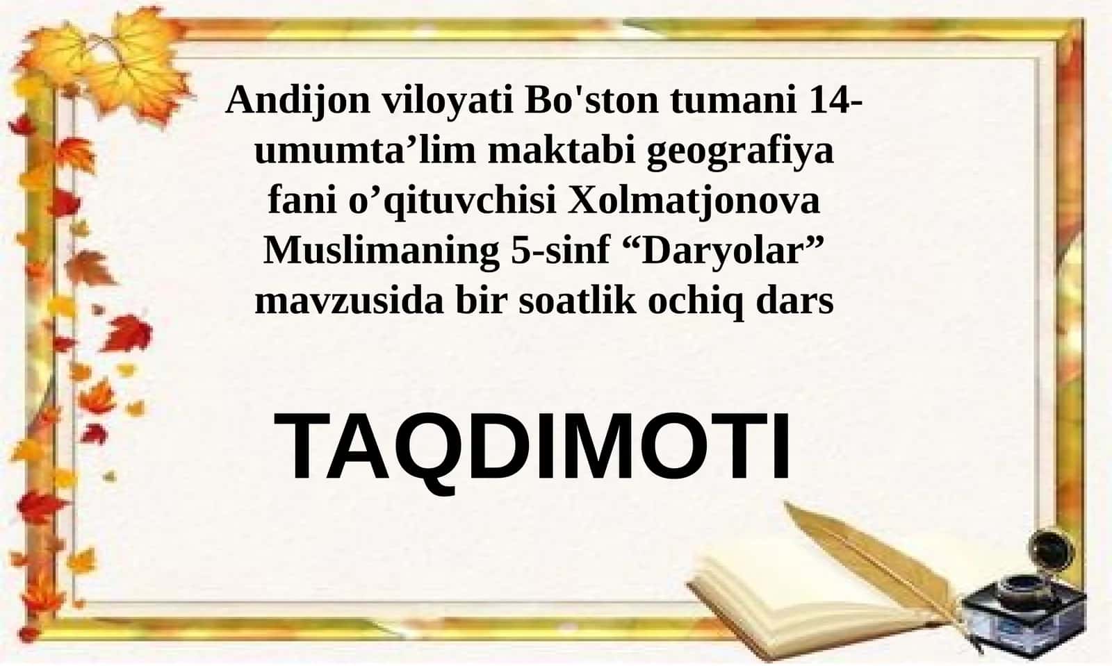 5-sinf Geografiya fanidan Daryolar mavzusida bir soatlik ochiq dars taqdimoti 1