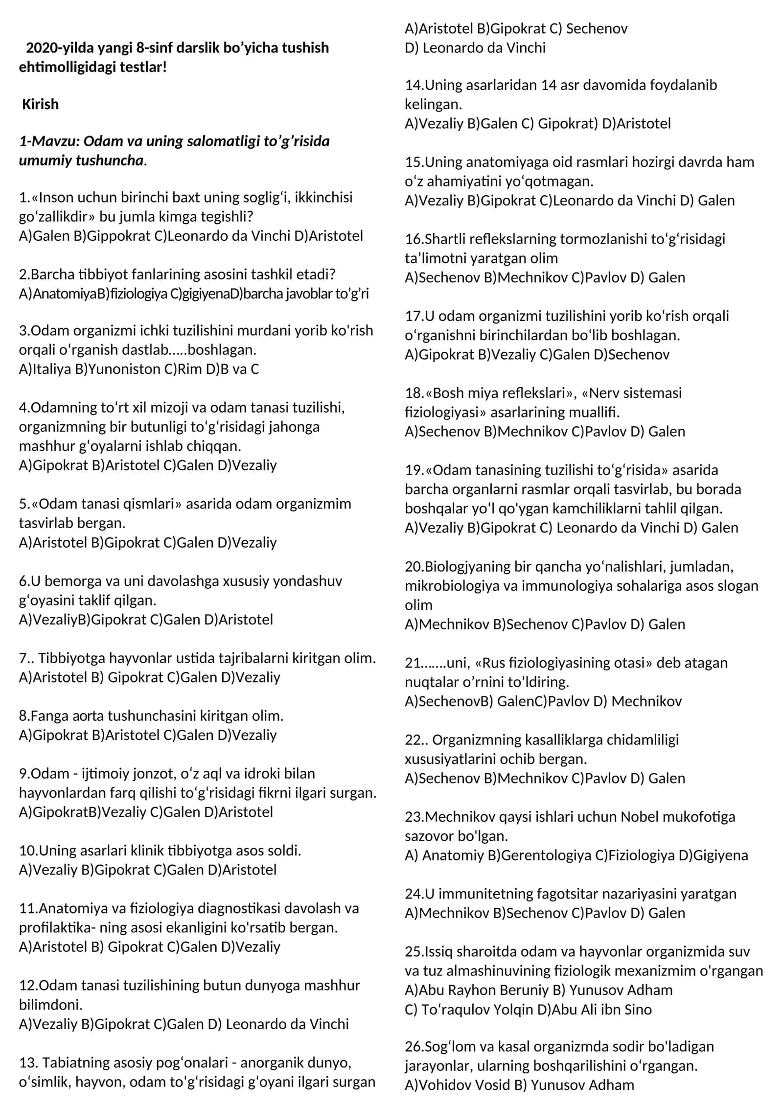 2020-yilda yangi 8-sinf darslik bo’yicha tushish ehtimolligidagi testlar! 1