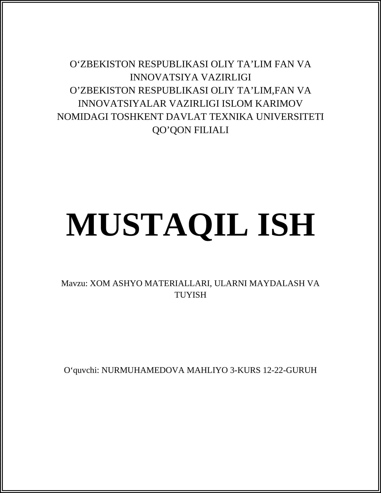 XOM ASHYO MATERIALLARI, ULARNI MAYDALASH VA TUYISH 1