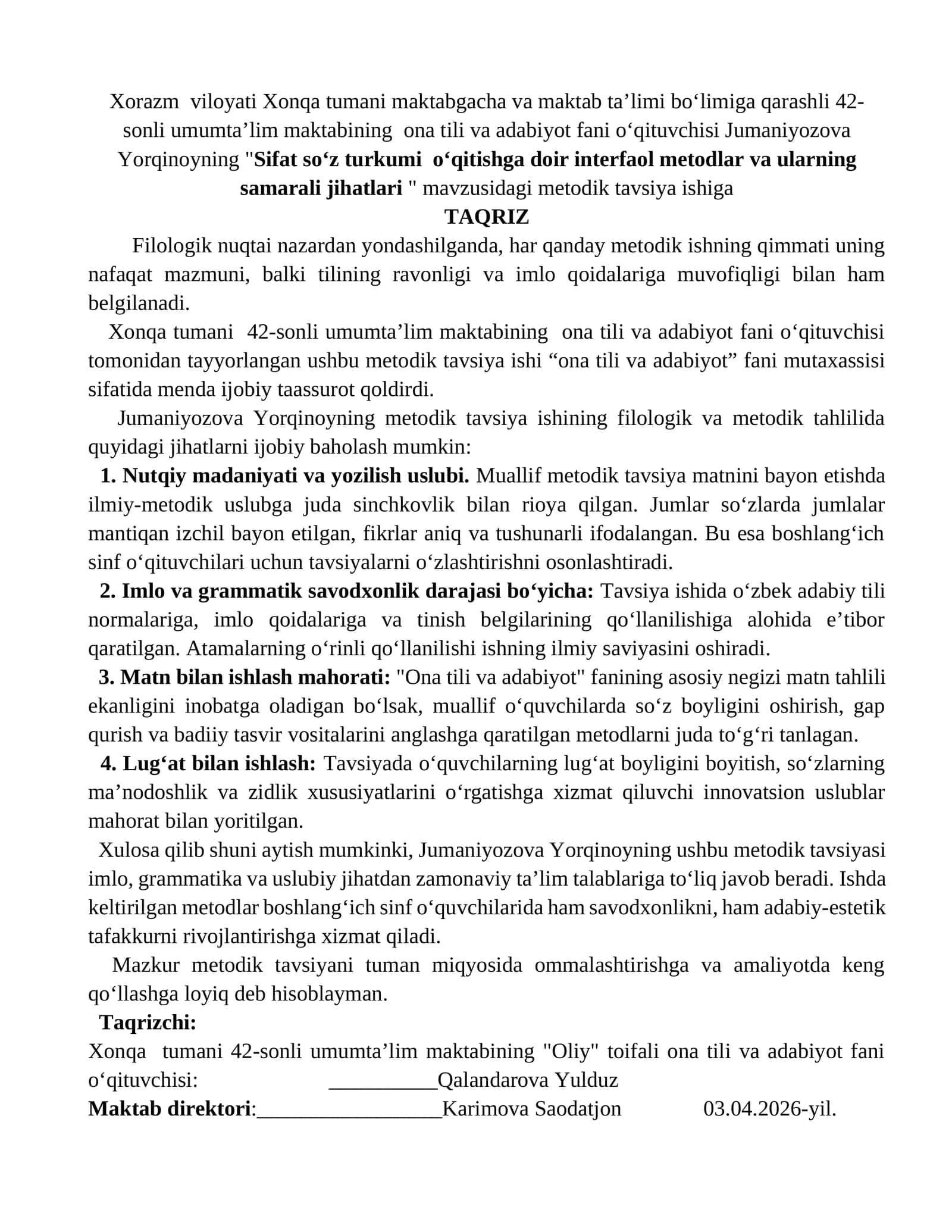 Metodik tavsiyaga taqriz ona tili fanidan 1