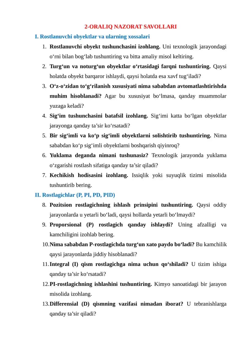 ORALIQ NAZORAT SAVOLLARI 1