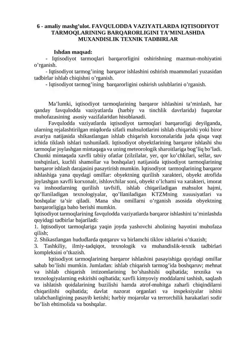 Iqtisodiyot tarmoqlari barqarorligini ta'minlashda muxandislik texnik tadbirlar