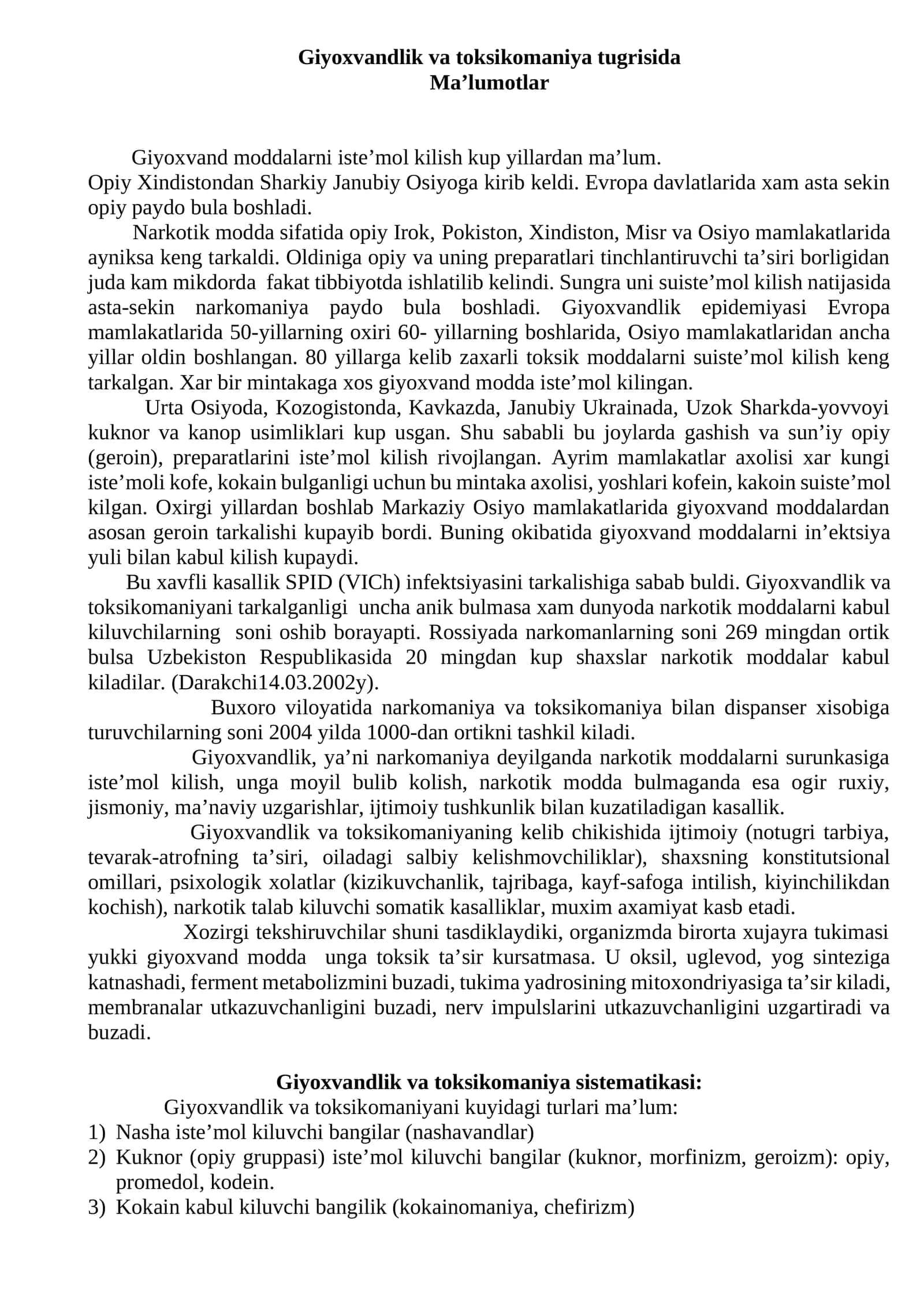 Giyoxvandlik va toksikomaniya to'grisida ma’lumotlar 1