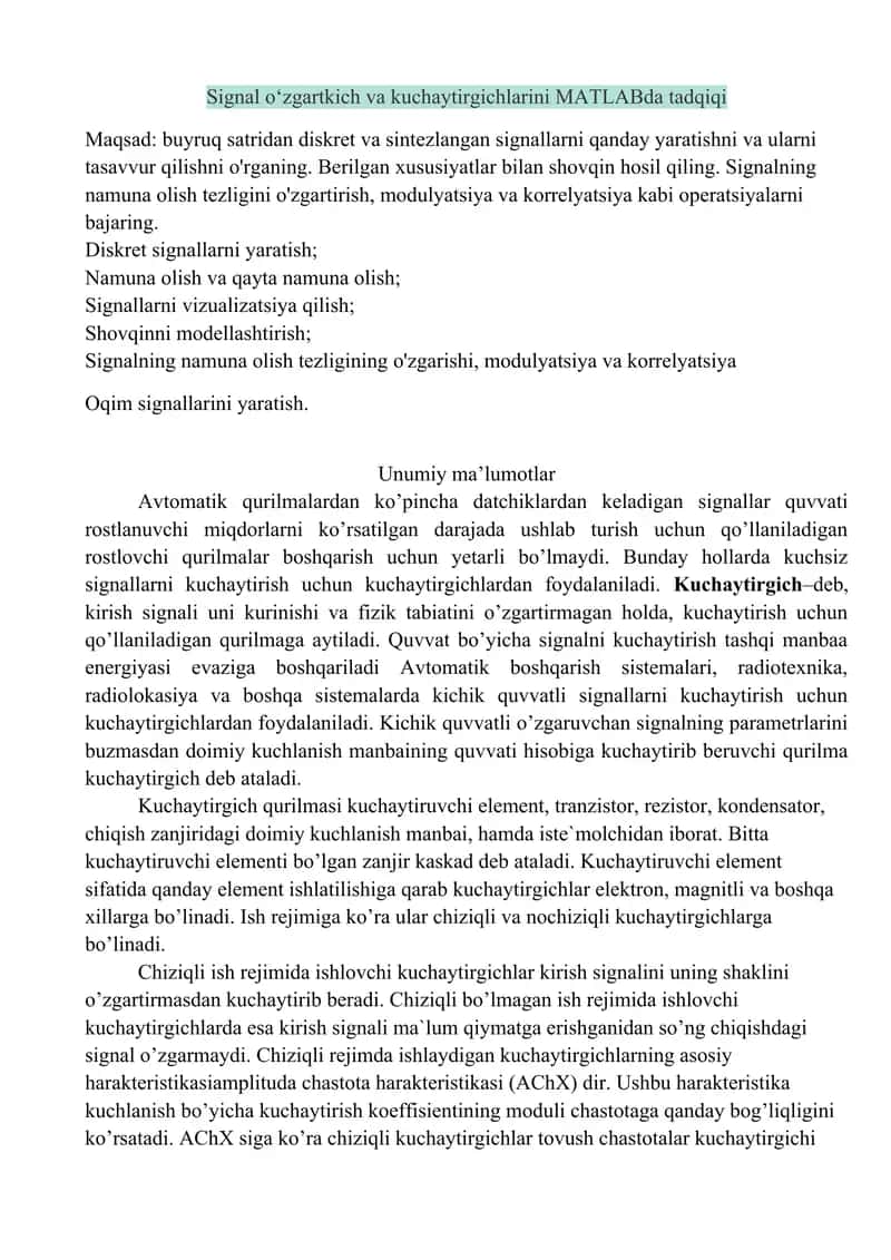 Signal o‘zgartkich va kuchaytirgichlarini MATLABda tadqiqi 1