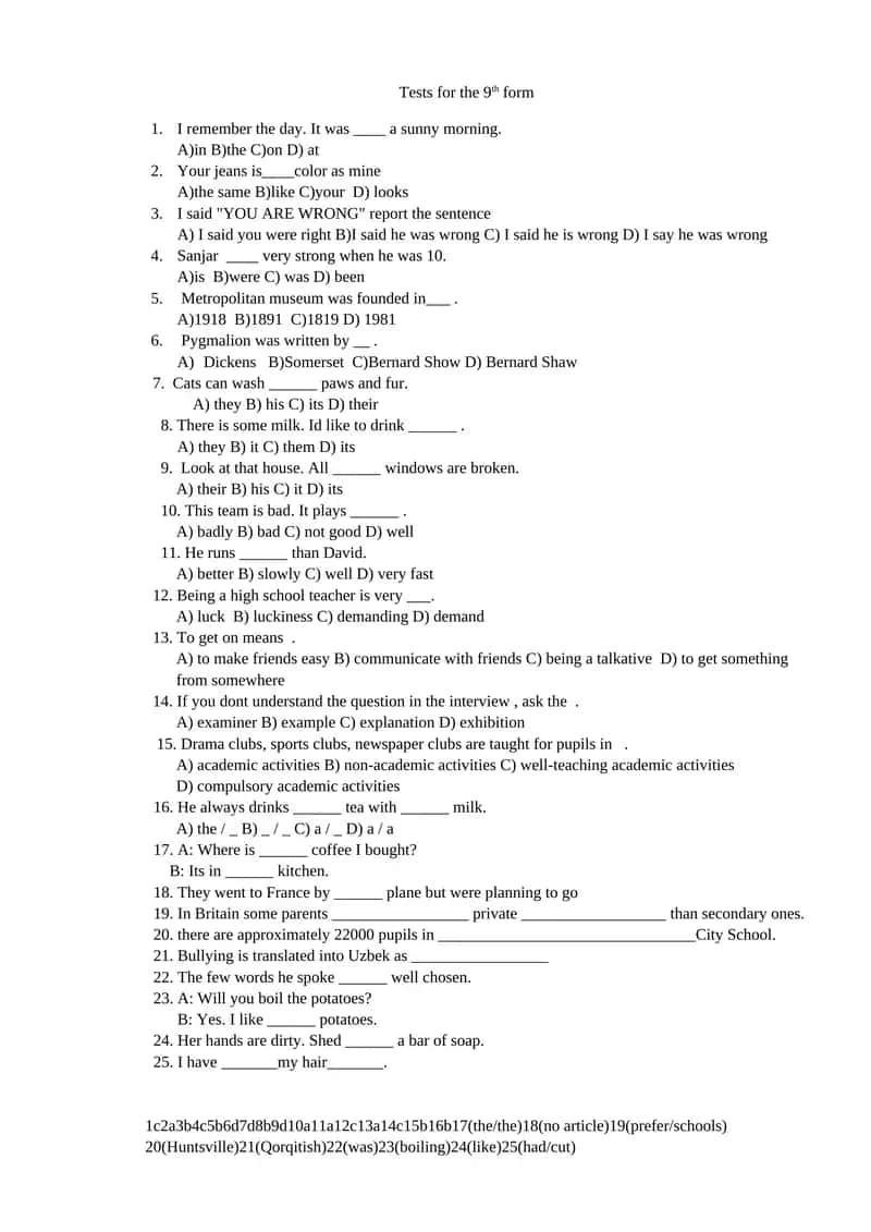Tests for the 9th form 1