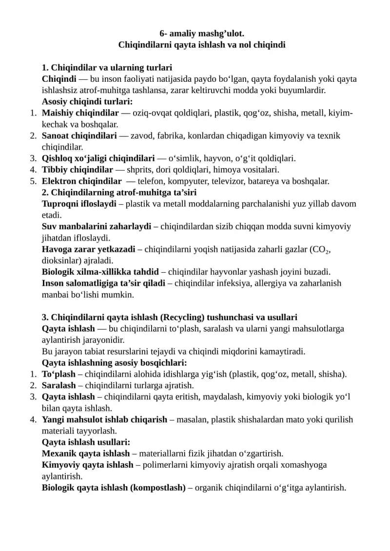 Chiqindilarni qayta ishlash va nol chiqindi 1