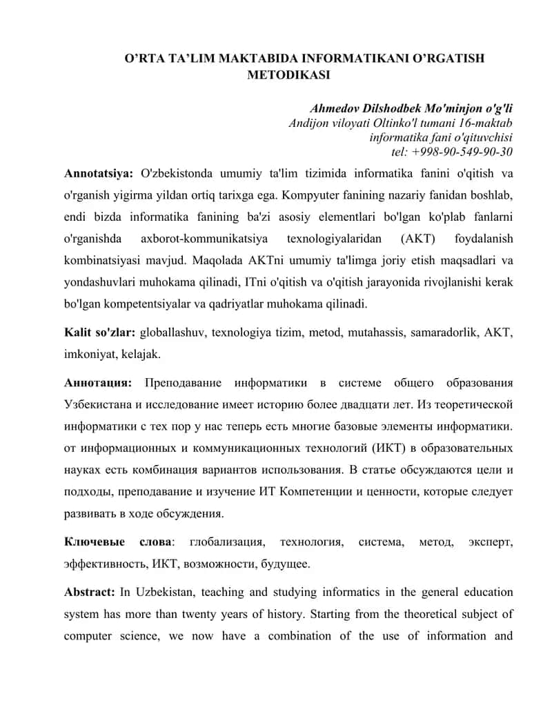 O’RTA TA’LIM MAKTABIDA INFORMATIKANI O’RGATISH METODIKASI 1