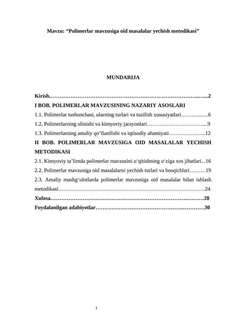 Polimerlar mavzusiga oid masalalar yechish metodikasi” 1