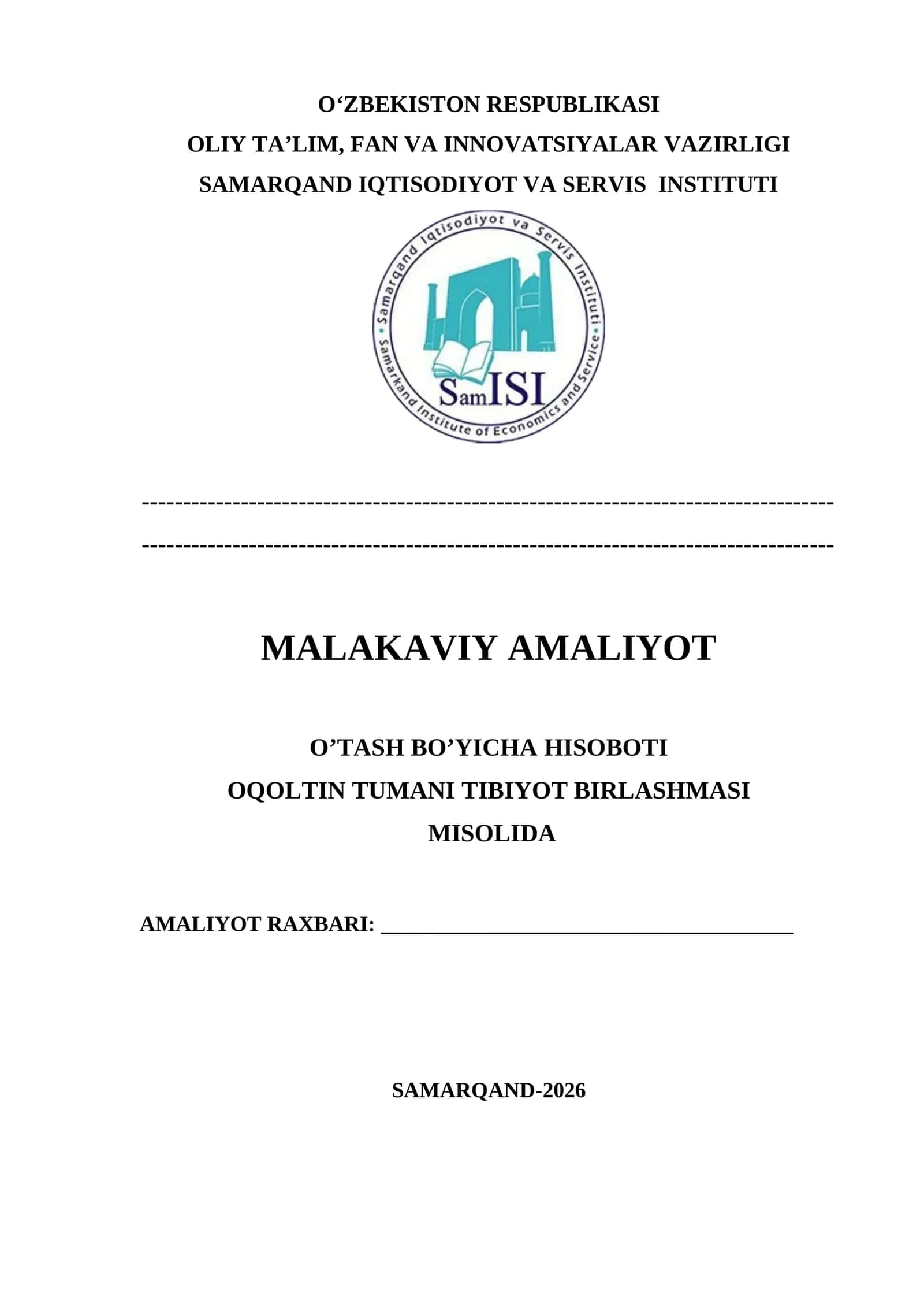 TIBIYOT BIRLASHMASI  amaliyot hisoboti 1