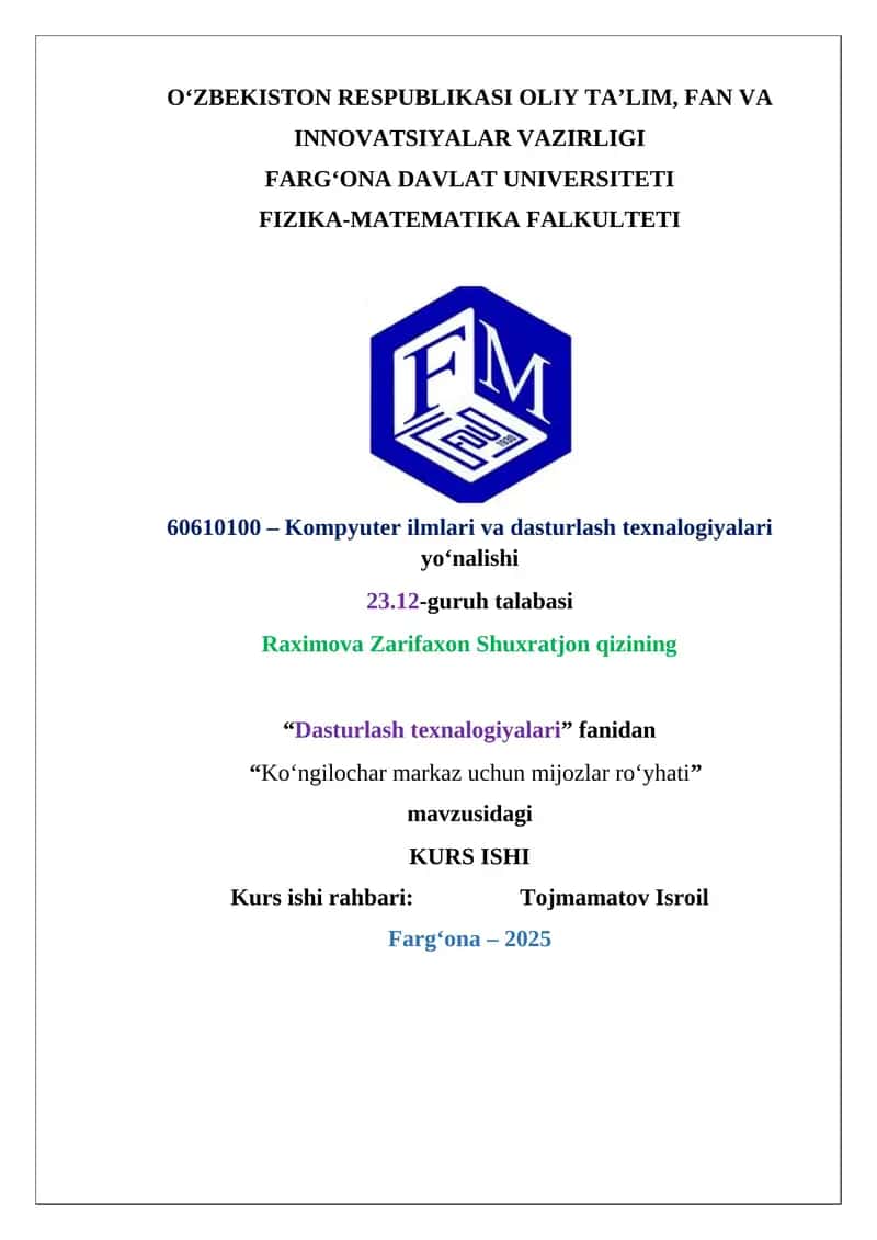 "Ko‘ngilochar markaz uchun mijozlar ro‘yhati" KURS ISHI 1