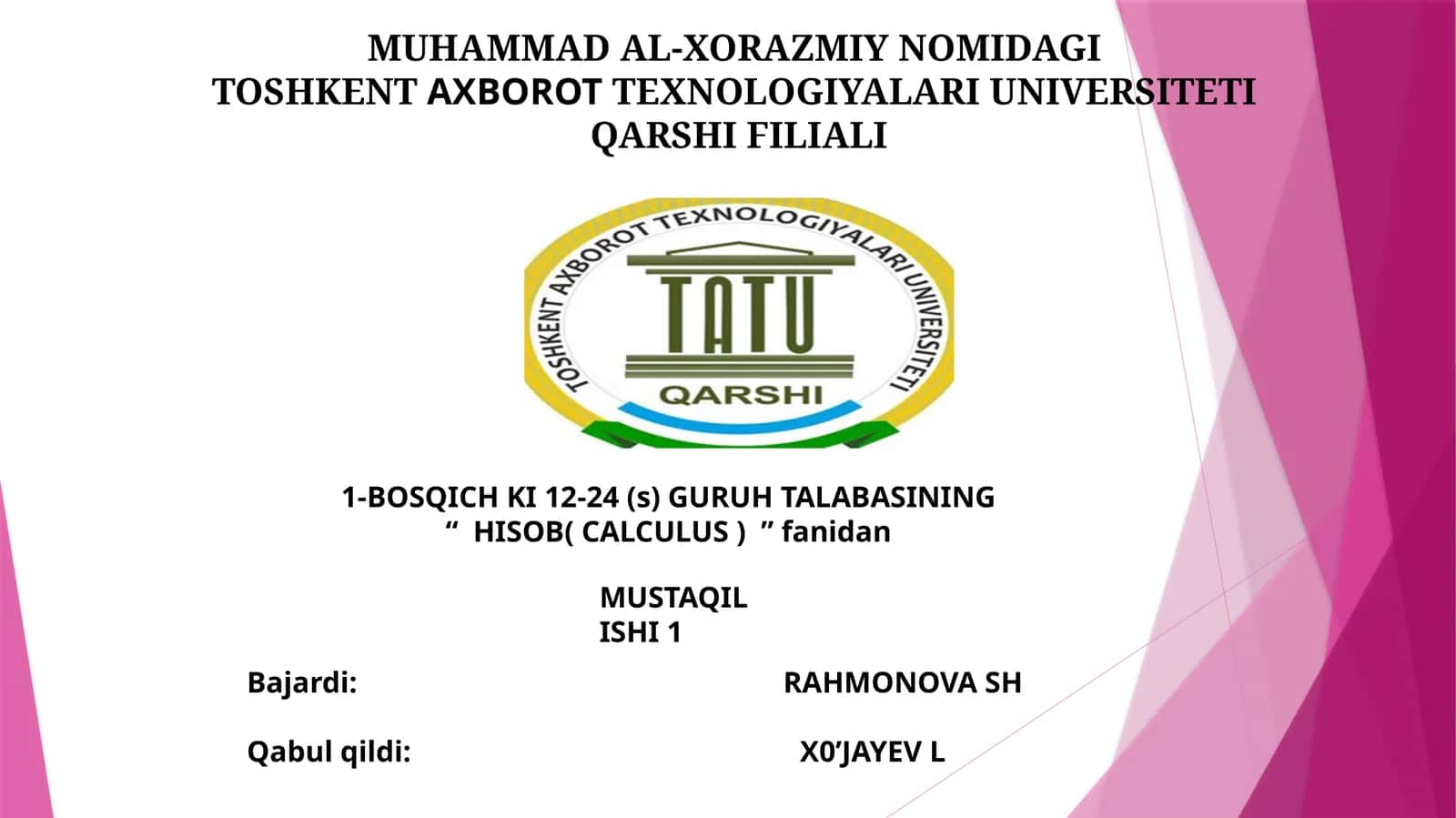 HISOB( CALCULUS ) fanidan MUSTAQIL ISHI 1