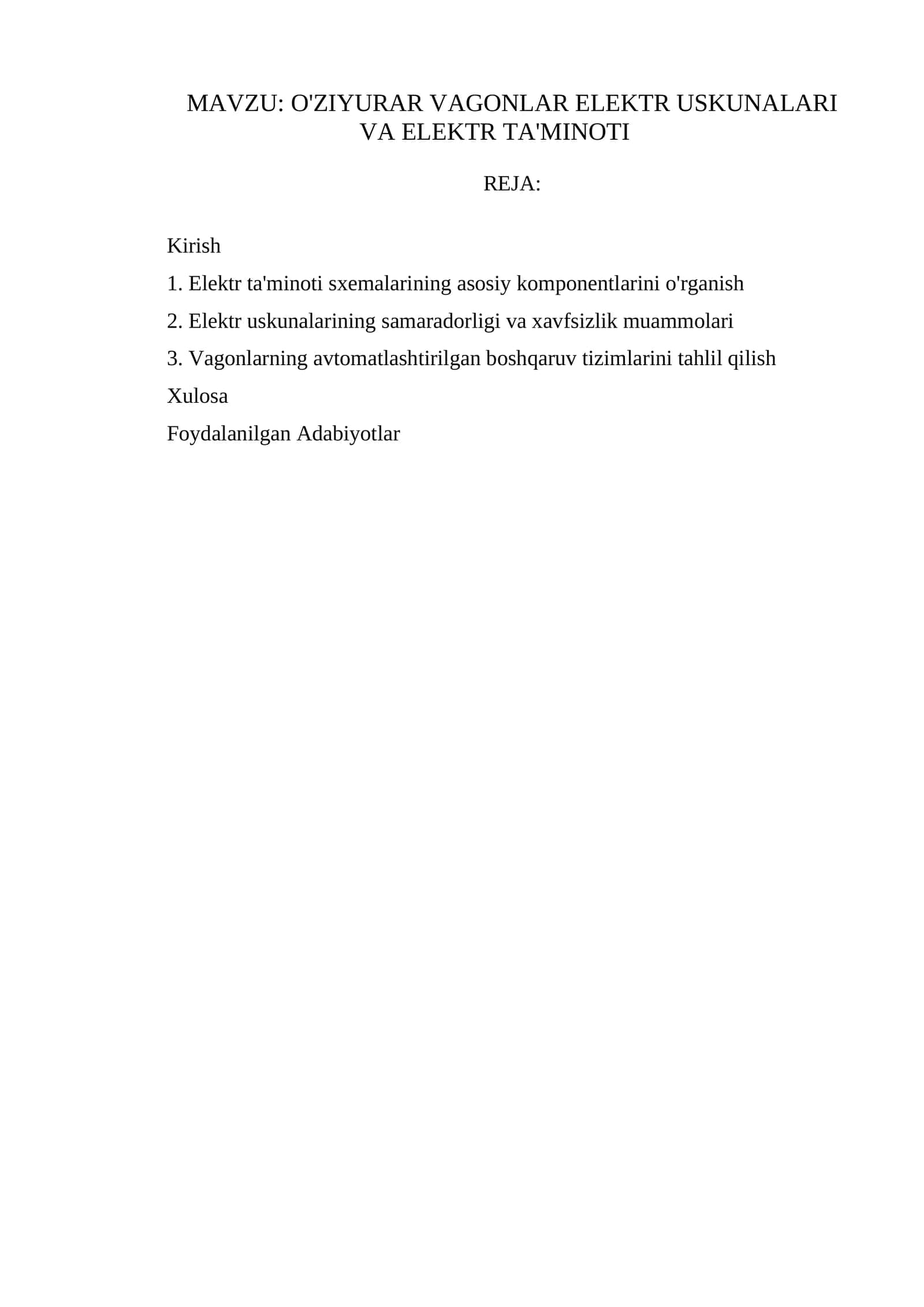 O'ZIYURAR VAGONLAR ELEKTR USKUNALARI VA ELEKTR TA'MINOTI 1