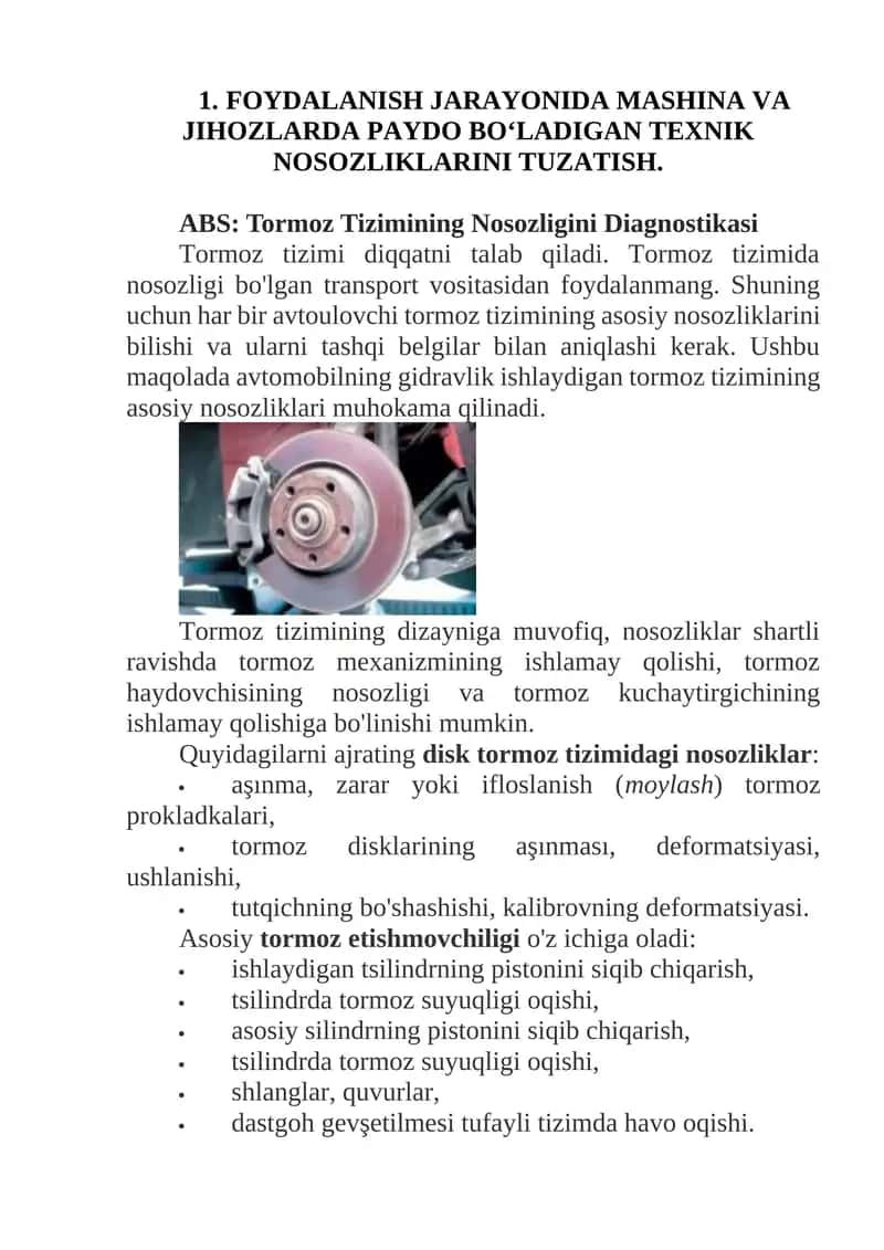 Tormoz tizimi va nosozliklarini tuzatish 1