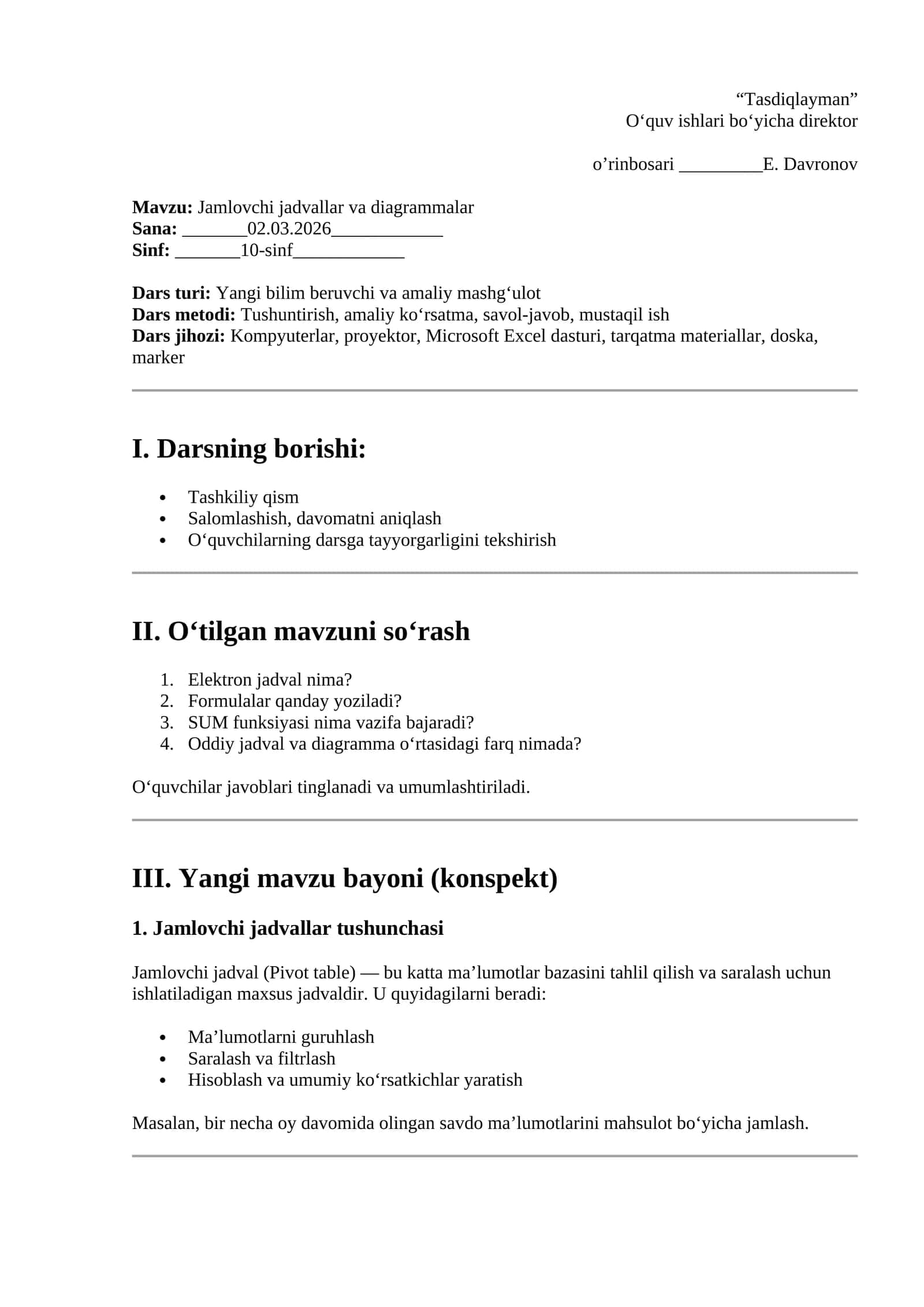 Jamlovchi jadvallar va diagrammalar 1