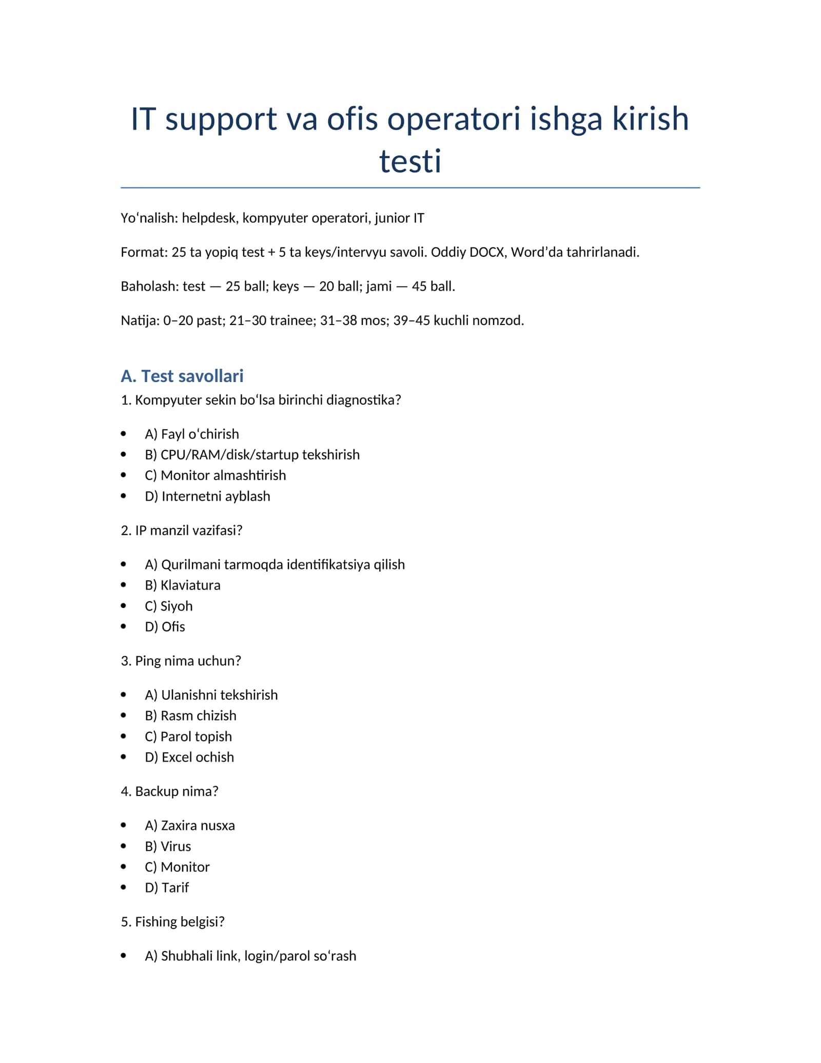 IT support va ofis operatori ishga kirish testi 1