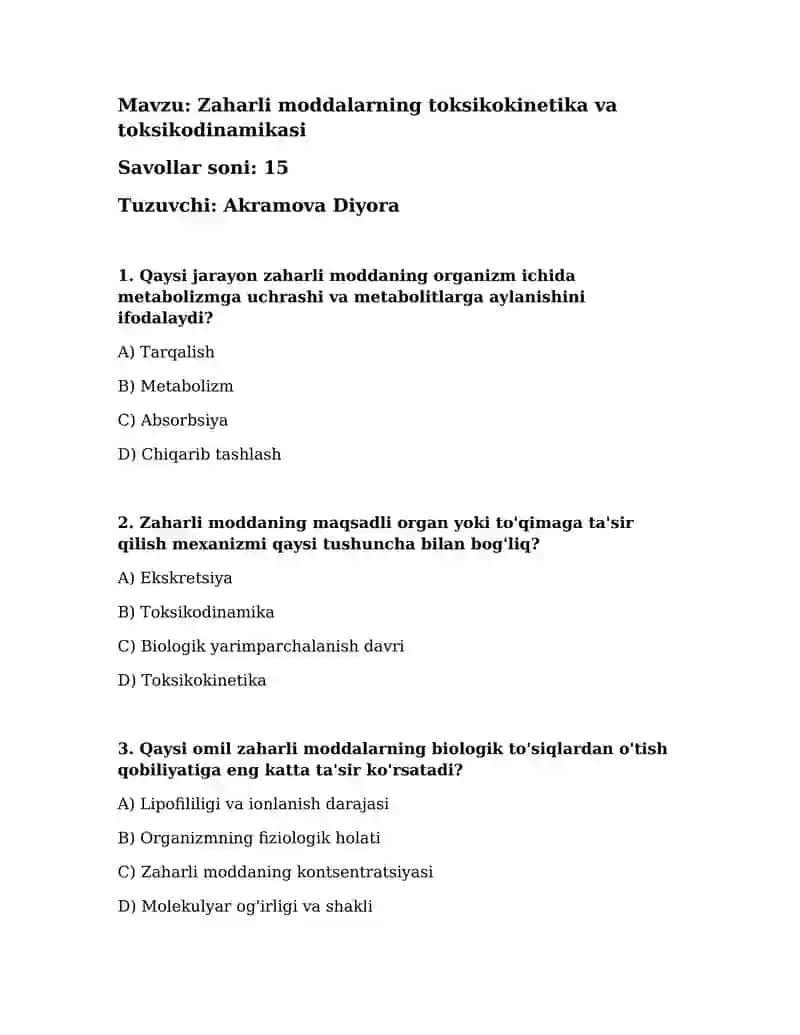 Zaharli moddalarning toksikokinetika va toksikodinamikasi