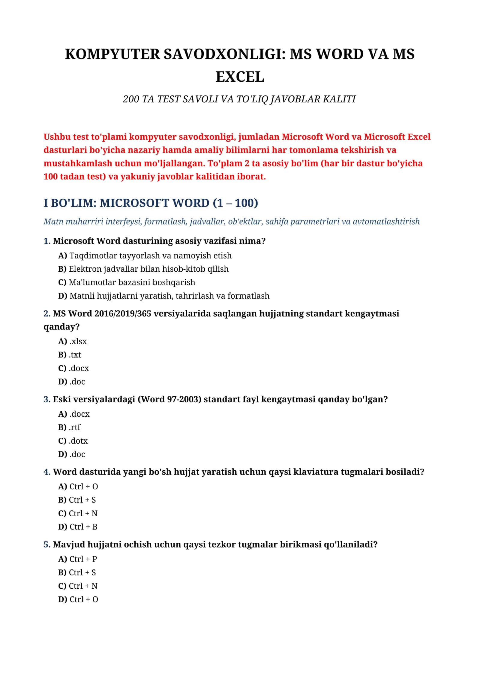 KOMPYUTER SAVODXONLIGI: MS WORD VA MS EXCEL 1