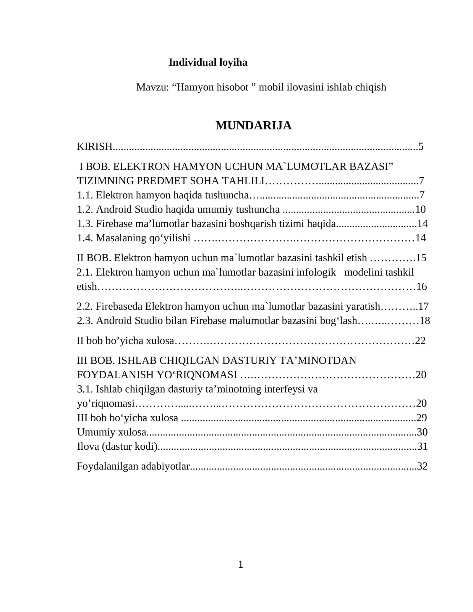 Hamyon hisobot ” mobil ilovasini ishlab chiqish  loyihasi 1