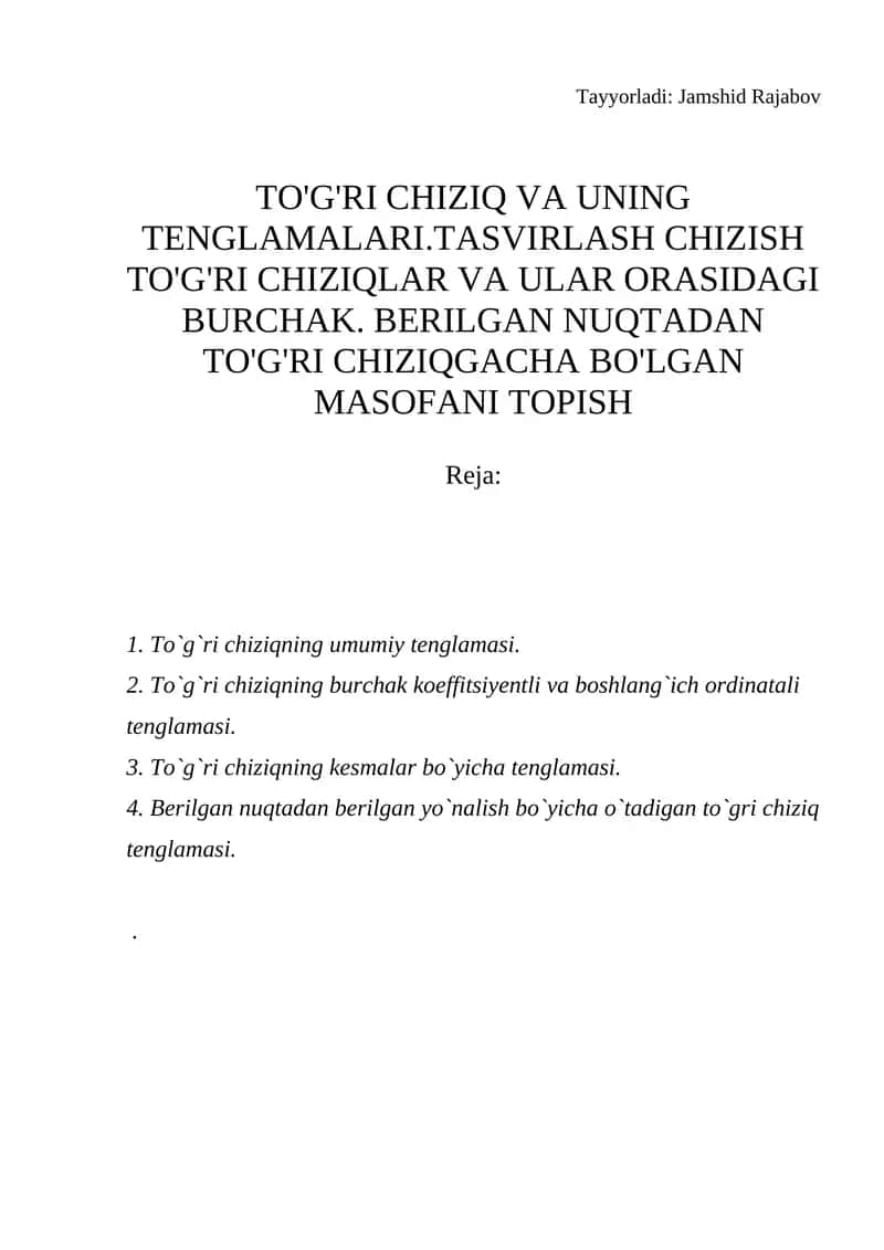 TO'G'RI CHIZIQ VA UNING TENGLAMALARI 1