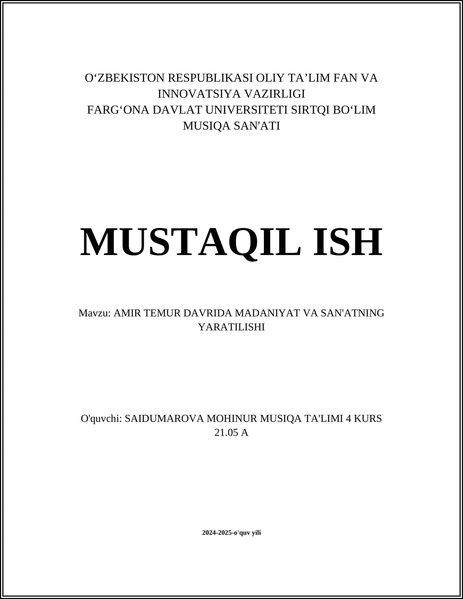 AMIR TEMUR DAVRIDA MADANIYAT VA SAN'ATNING YARATILISHI 1