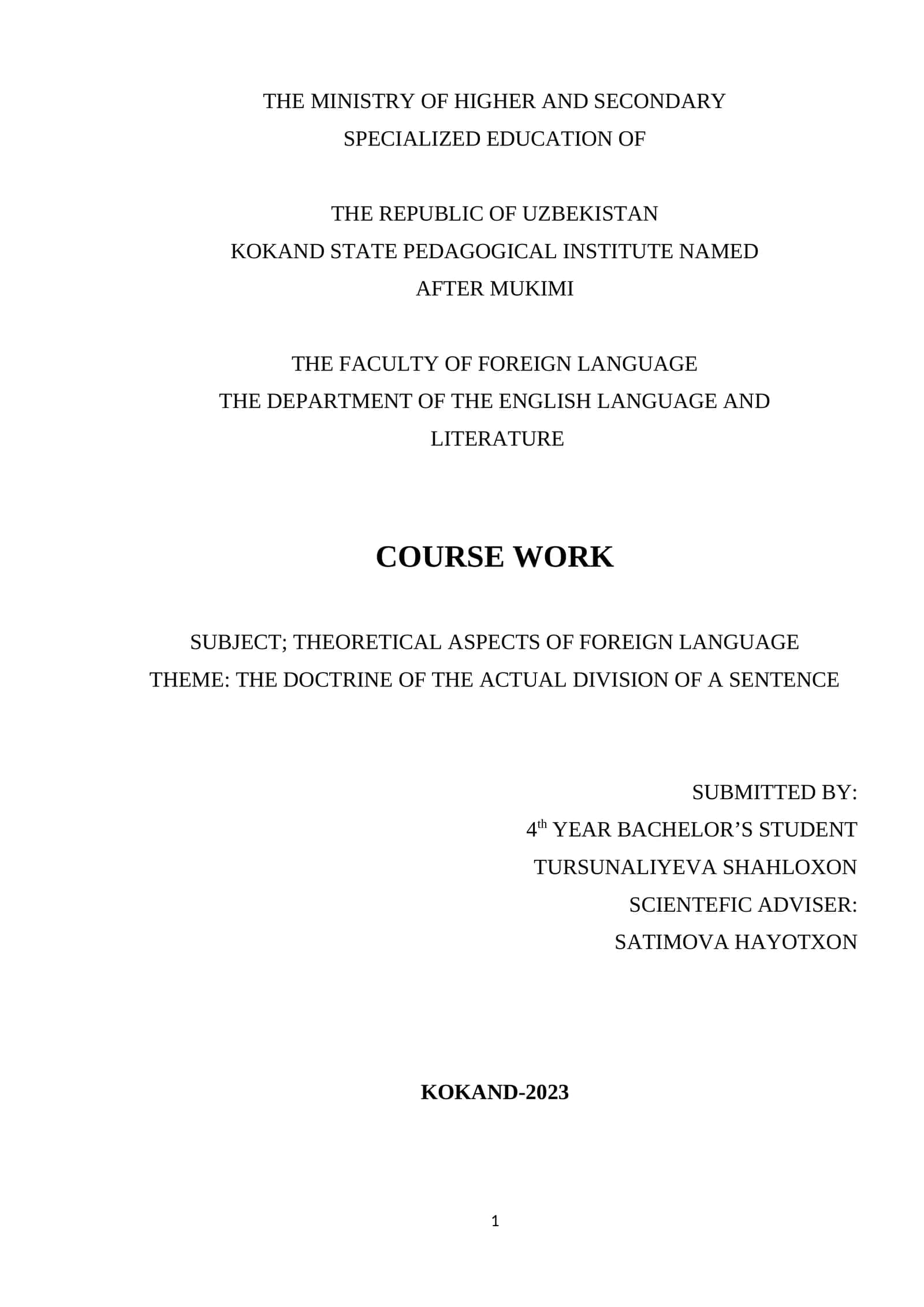 THE DOCTRINE OF THE ACTUAL DIVISION OF A SENTENCE 1