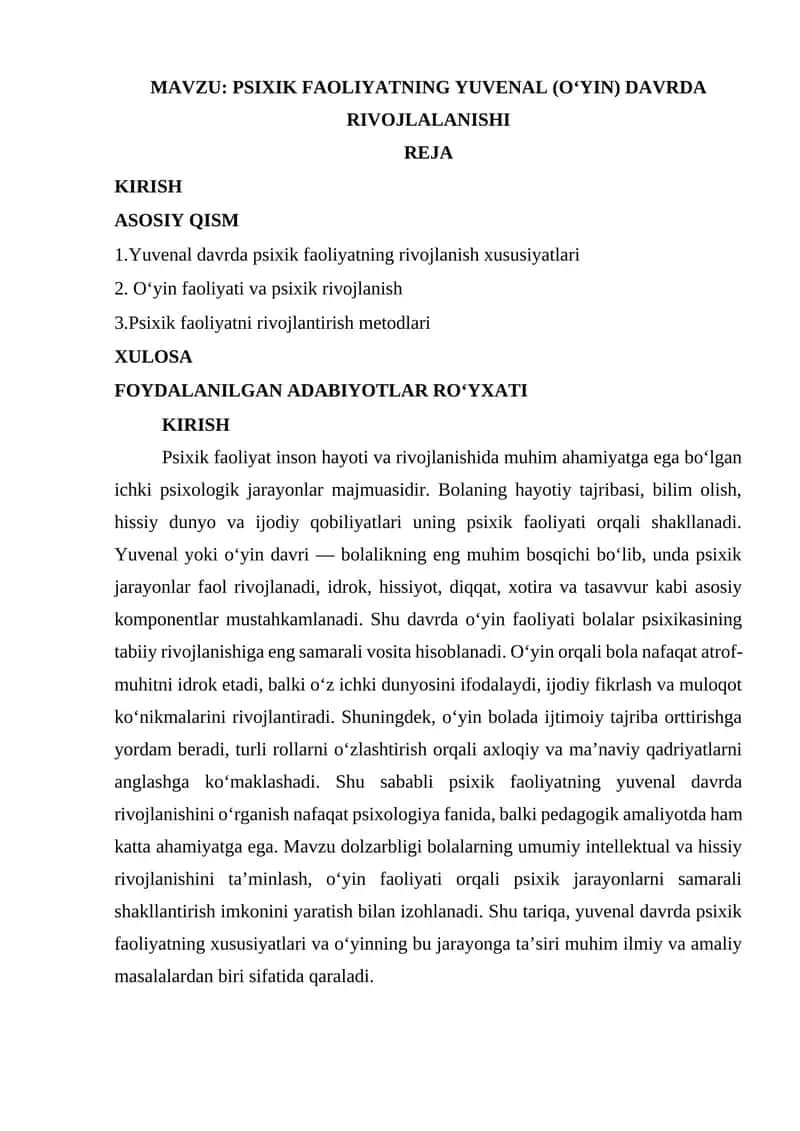 PSIXIK FAOLIYATNING YUVENAL (O‘YIN) DAVRDA RIVOJLALANISHI 1