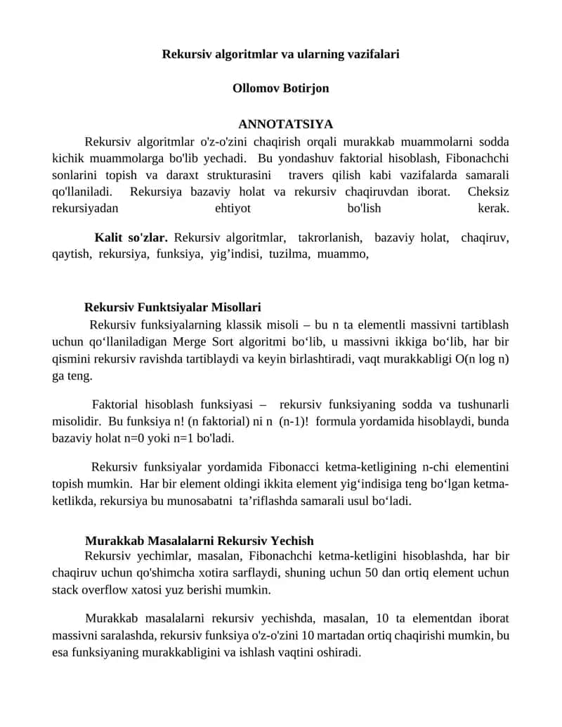 Rekursiv algoritmlar va ularning vazifalari 1