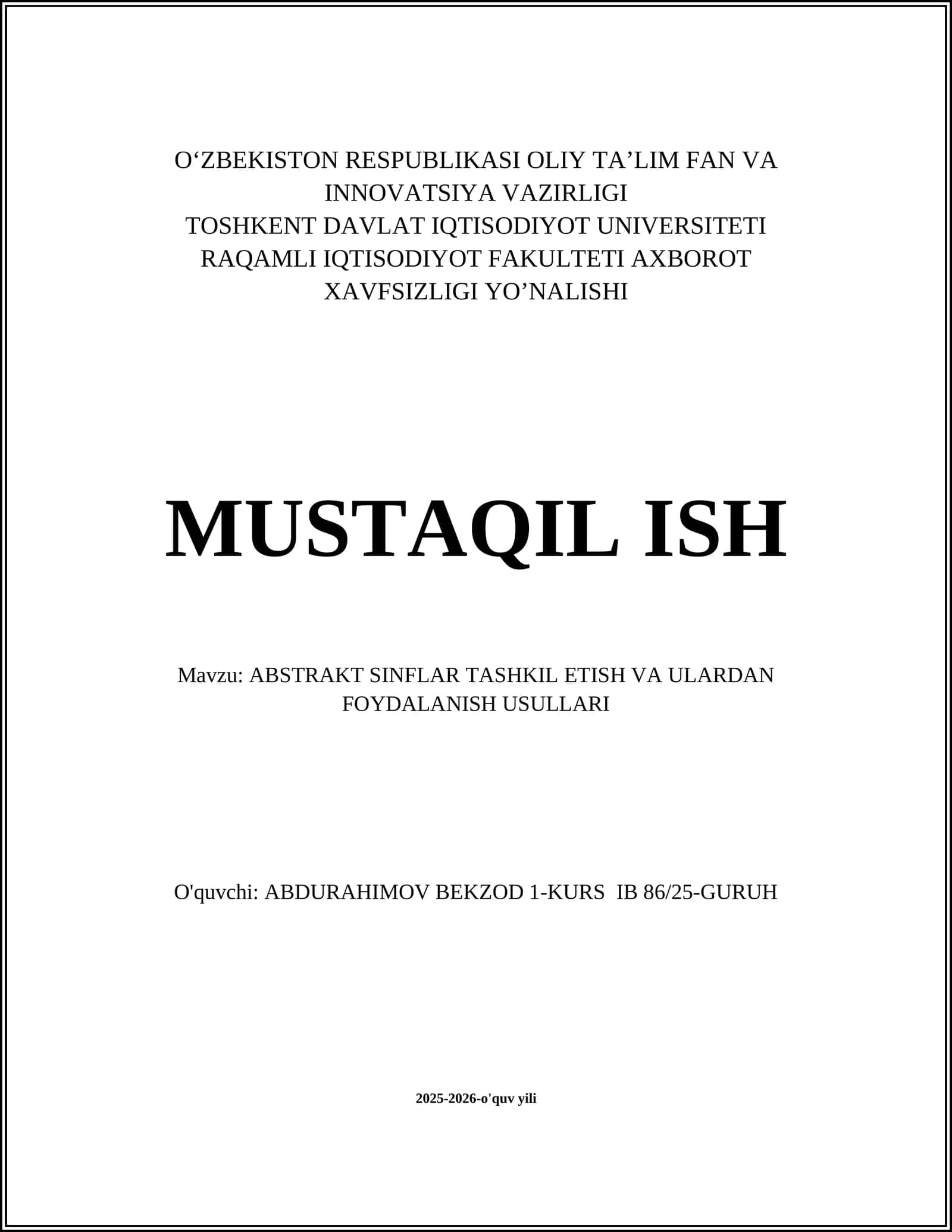 ABSTRAKT SINFLAR TASHKIL ETISH VA ULARDAN FOYDALANISH USULLARI 1