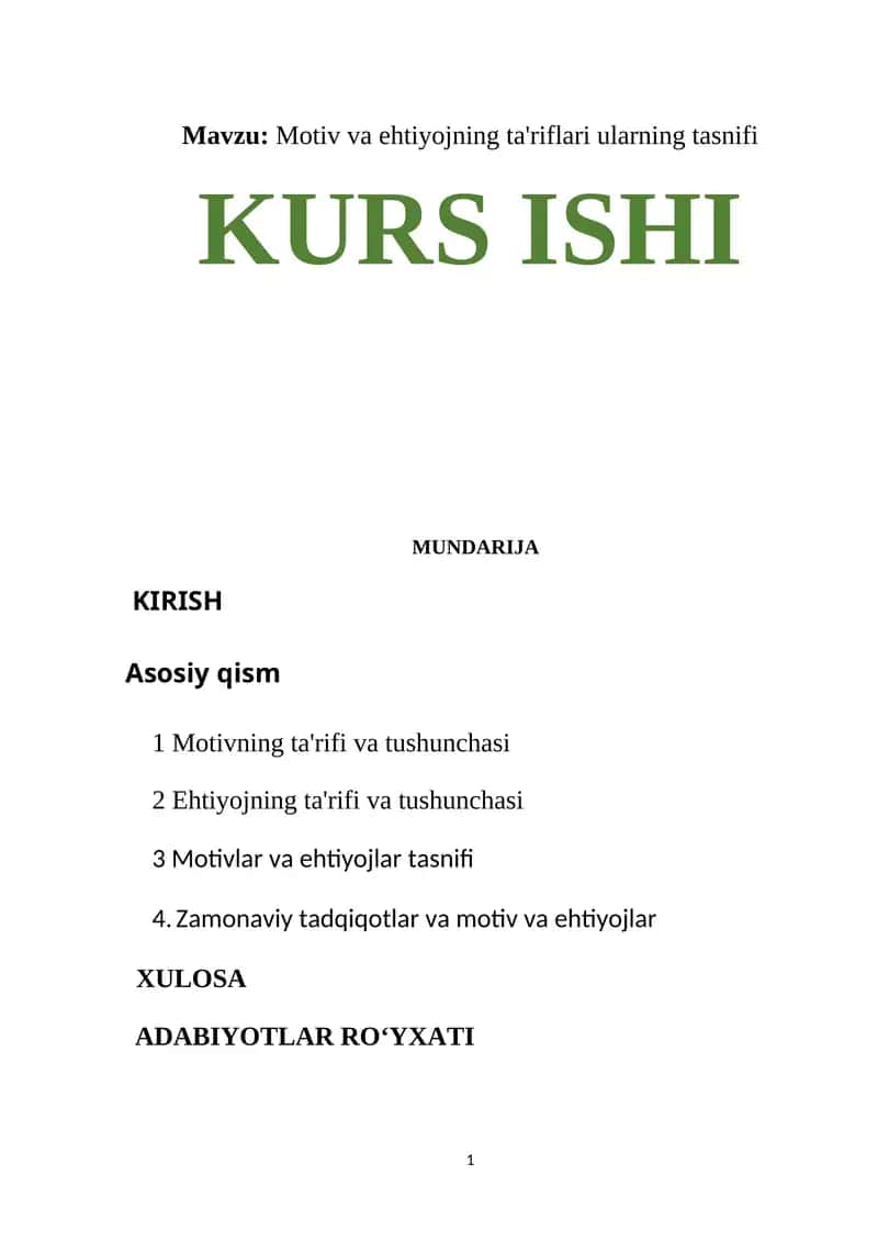 Motiv va ehtiyojning ta'riflari ularning tasnifi 1