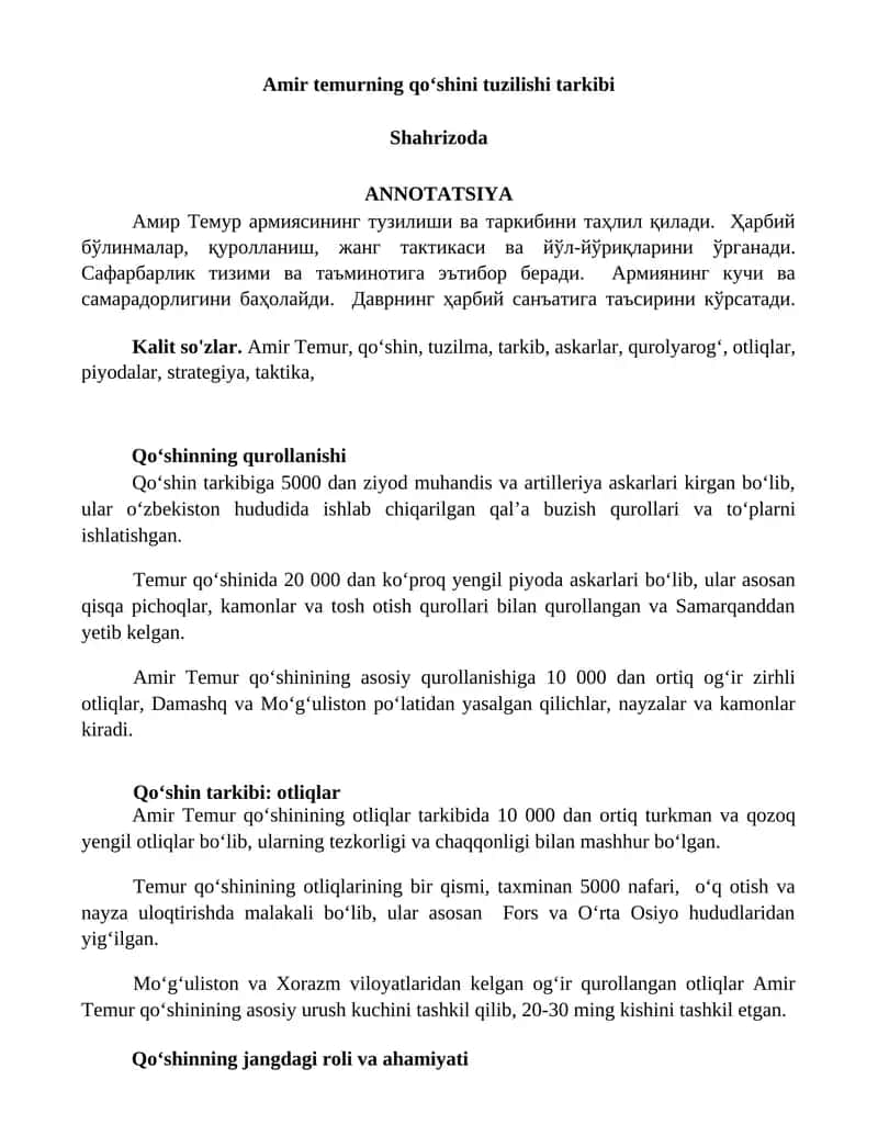 Amir Temurning qo‘shini tuzilishi tarkibi 1
