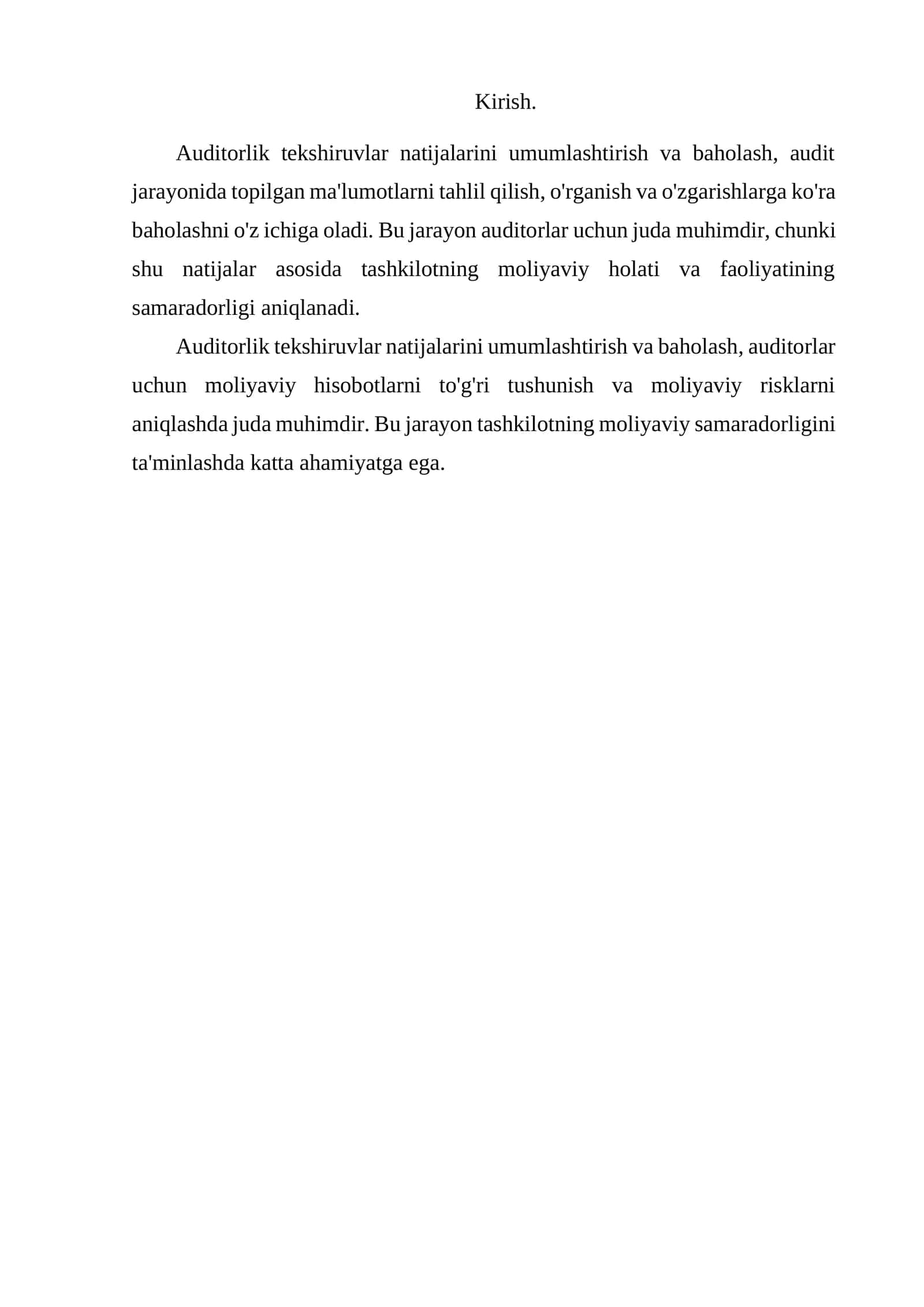 Mavzu: Auditorlik tekshiruvlar natijalarini umumlashtirish va baholash 1
