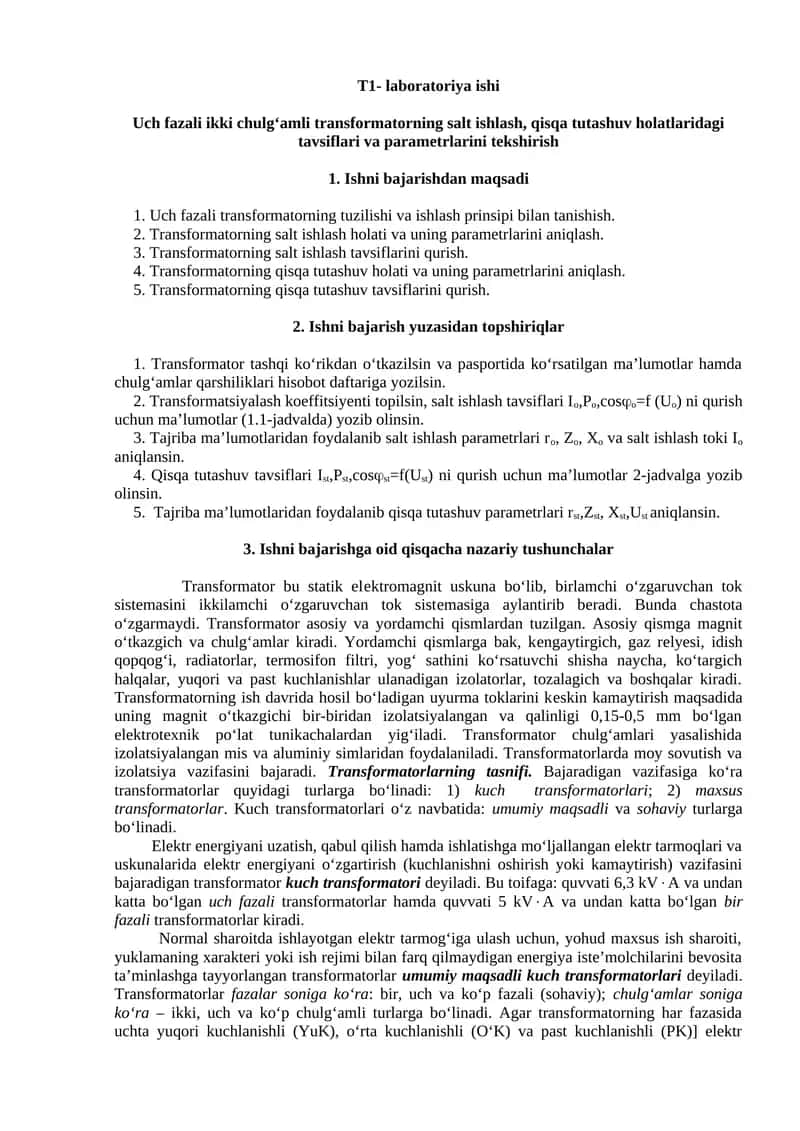 Uch fazali ikki chulg‘amli transformator ishi 1