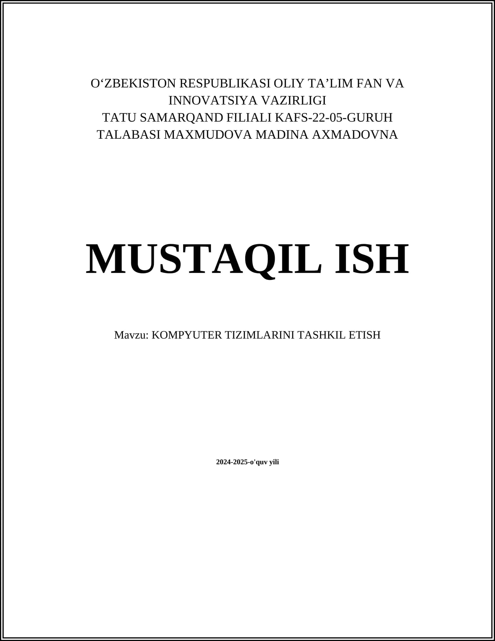 KOMPYUTER TIZIMLARINI TASHKIL ETISH 1