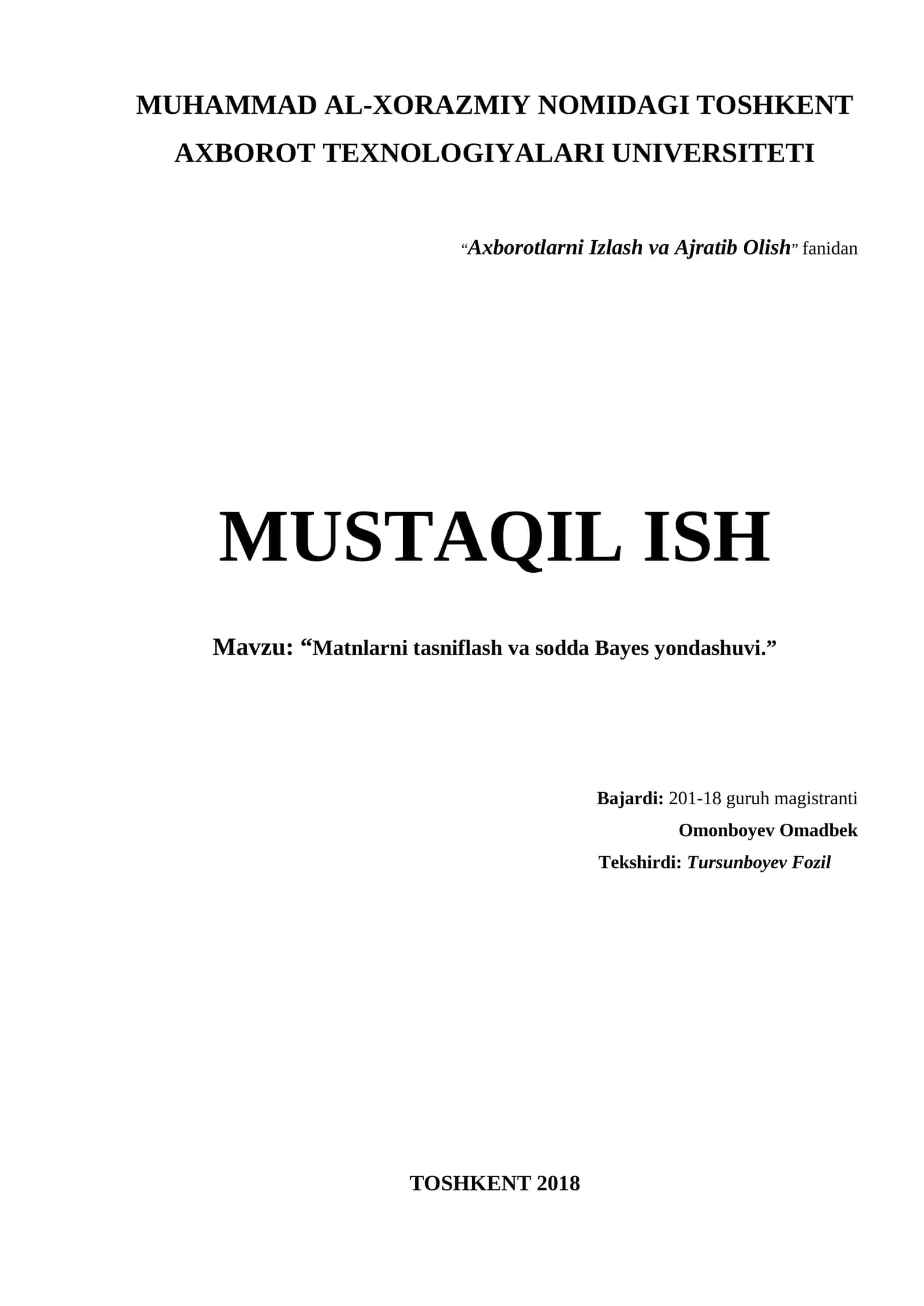 Matnlarni tasniflash va sodda Bayes yondashuvi 1