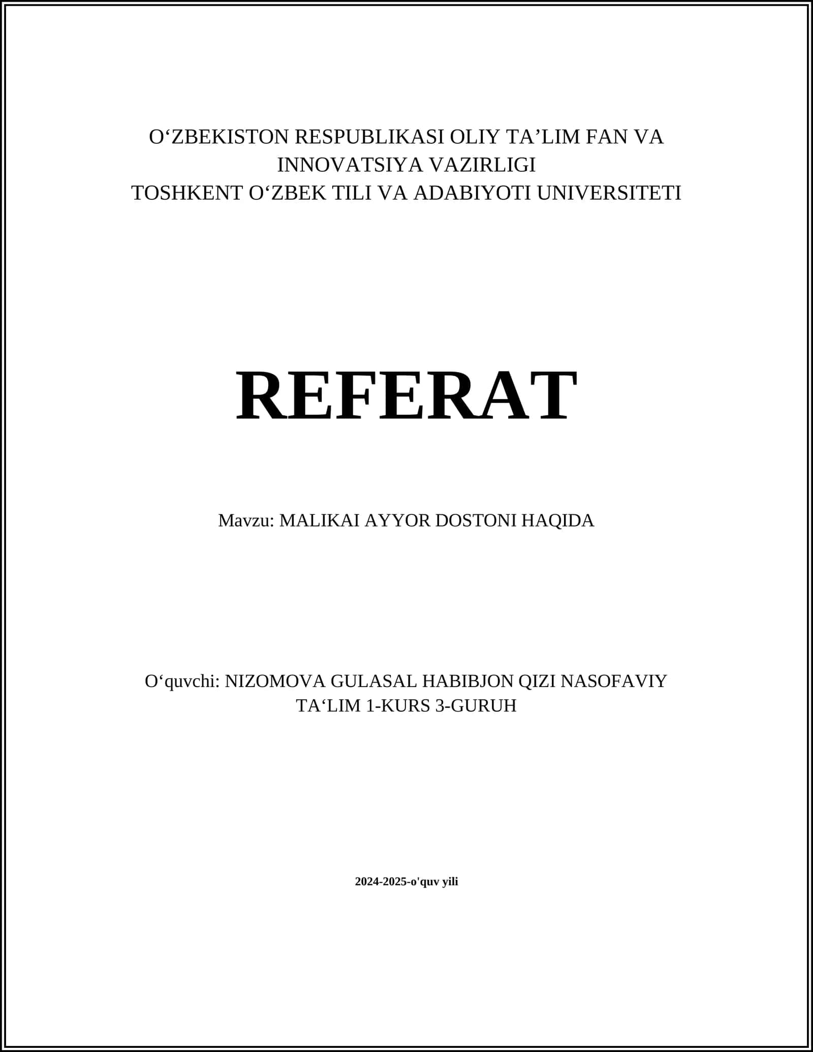 MALIKAI AYYOR DOSTONI HAQIDA 1
