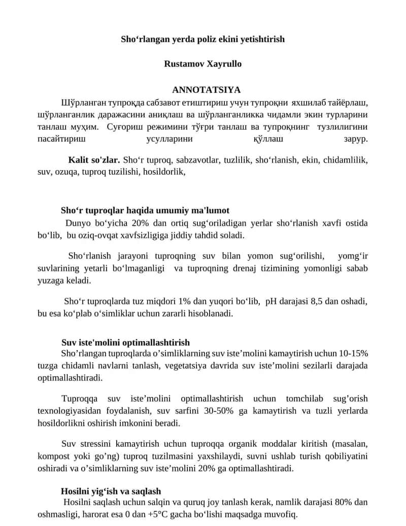 Shoʻrlangan yerda poliz ekini yetishtirish 1
