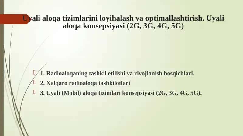 Uyalialoqa tizimlari loyihalash va optimallashtirish 1
