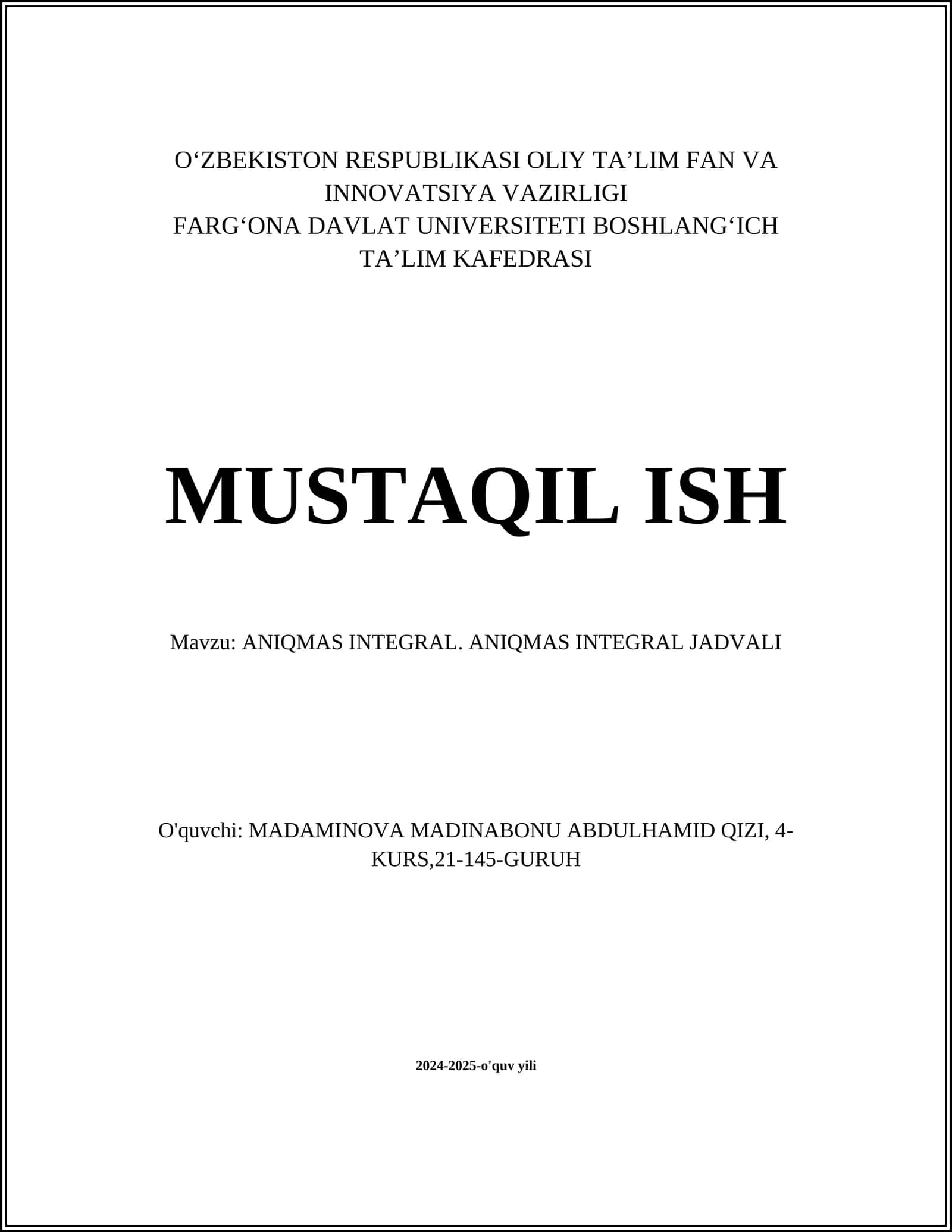 ANIQMAS INTEGRAL. ANIQMAS INTEGRAL JADVALI 1