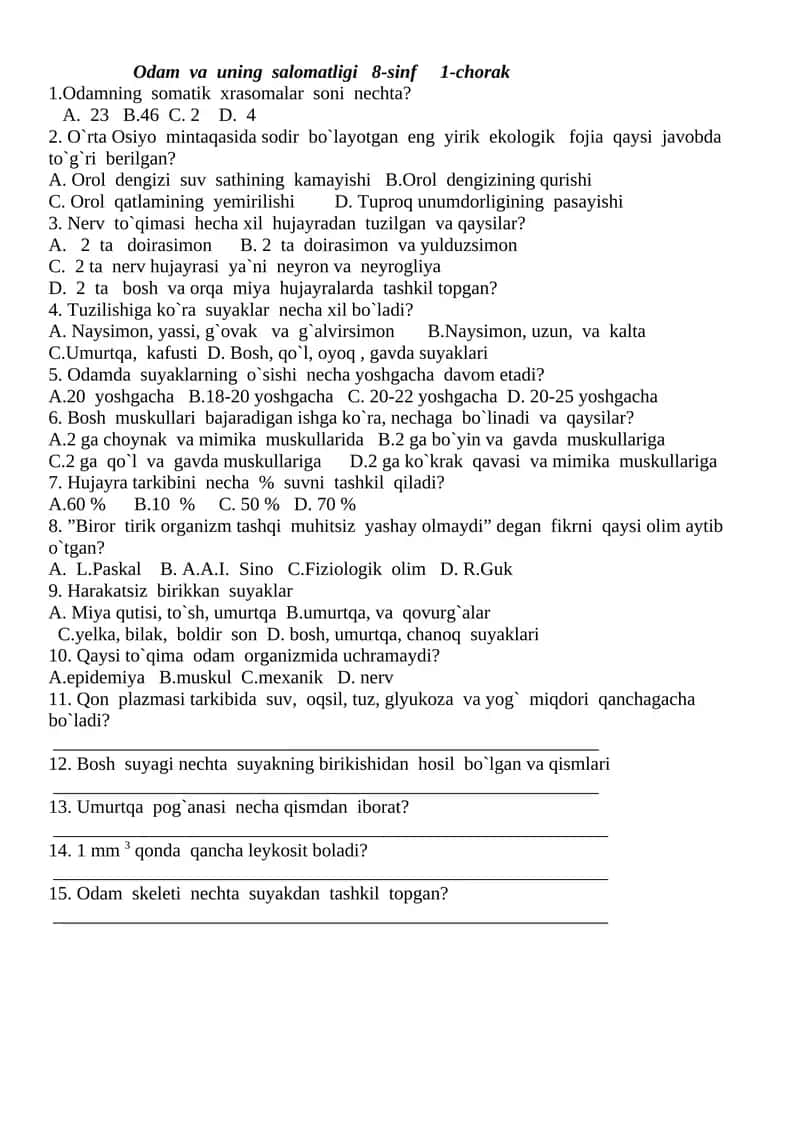 Odam va uning salomatligi 8-sinf 1