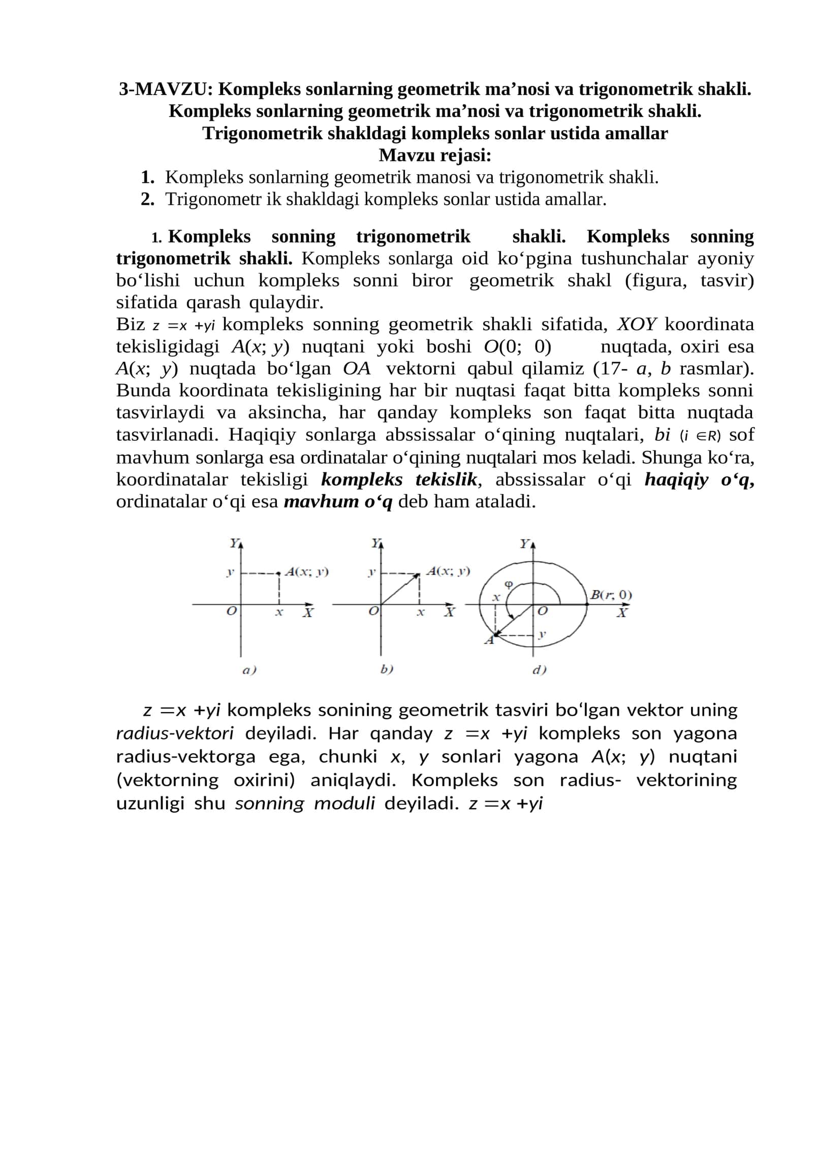 Kompleks sonlarning geometrik ma’nosi va trigonometrik shakli 1