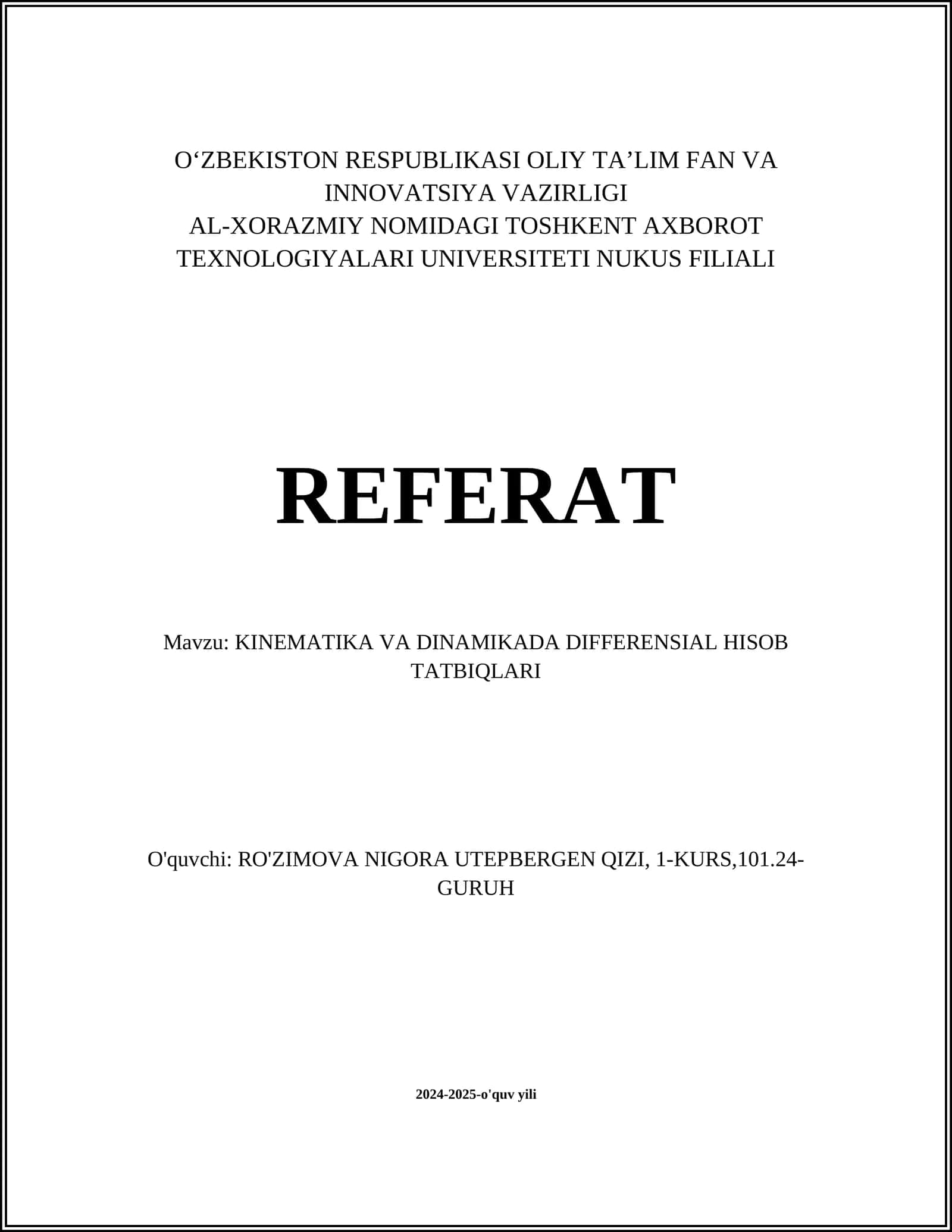 KINEMATIKA VA DINAMIKADA DIFFERENSIAL HISOB TATBIQLARI 1