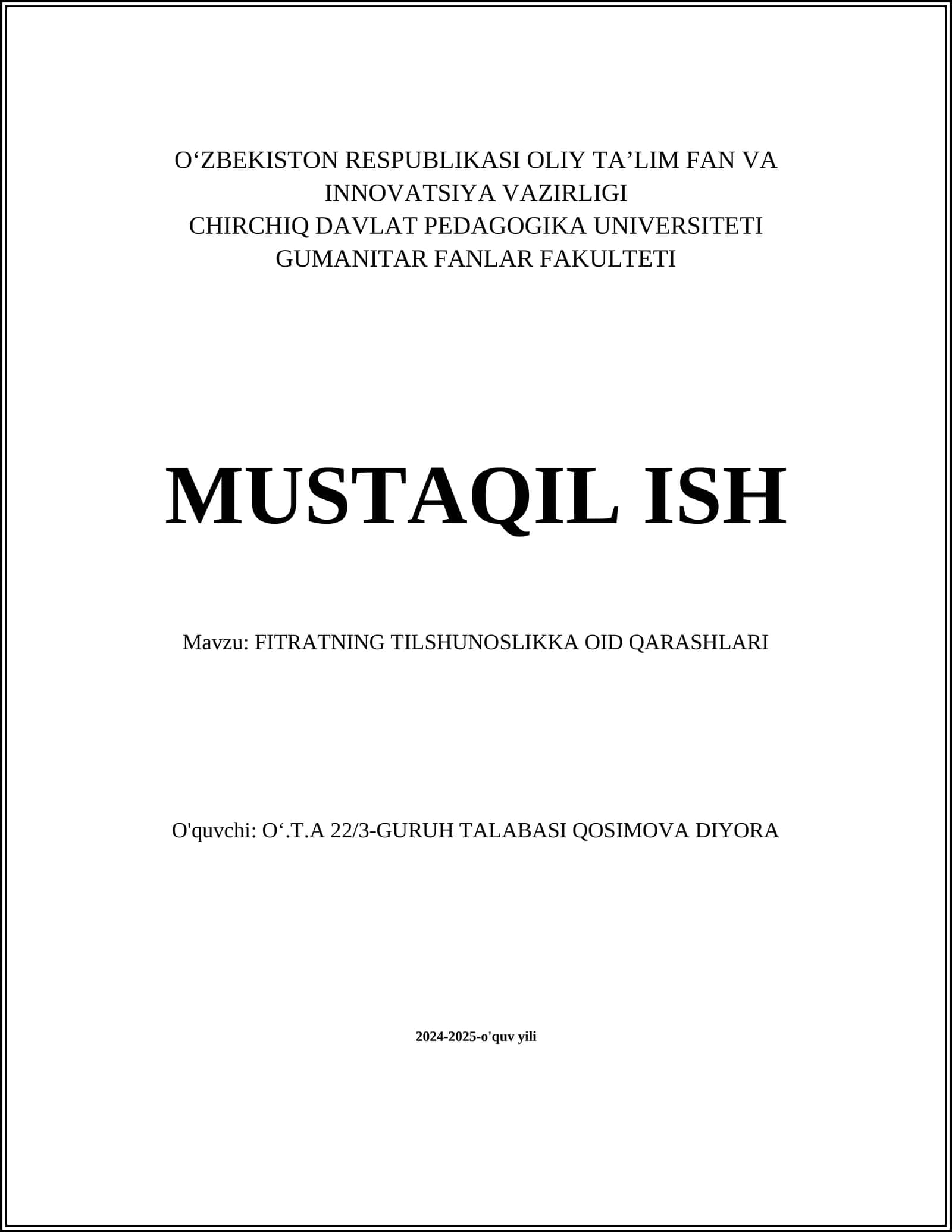 FITRATNING TILSHUNOSLIKKA OID QARASHLARI 1