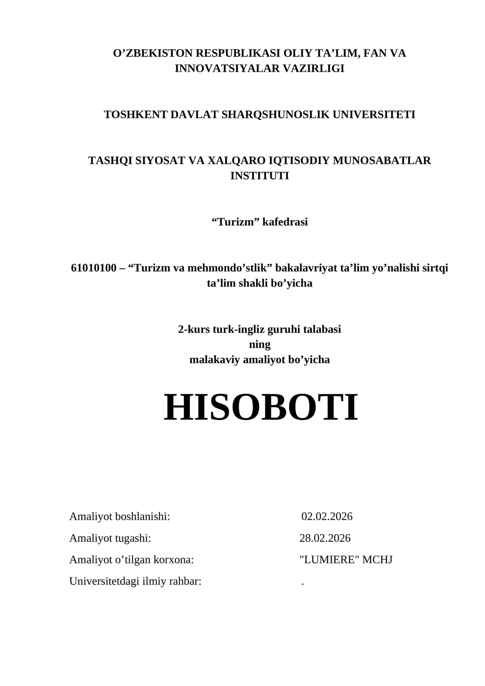 Mexmonxona boʻyicha Amaliyot hisoboti. 1