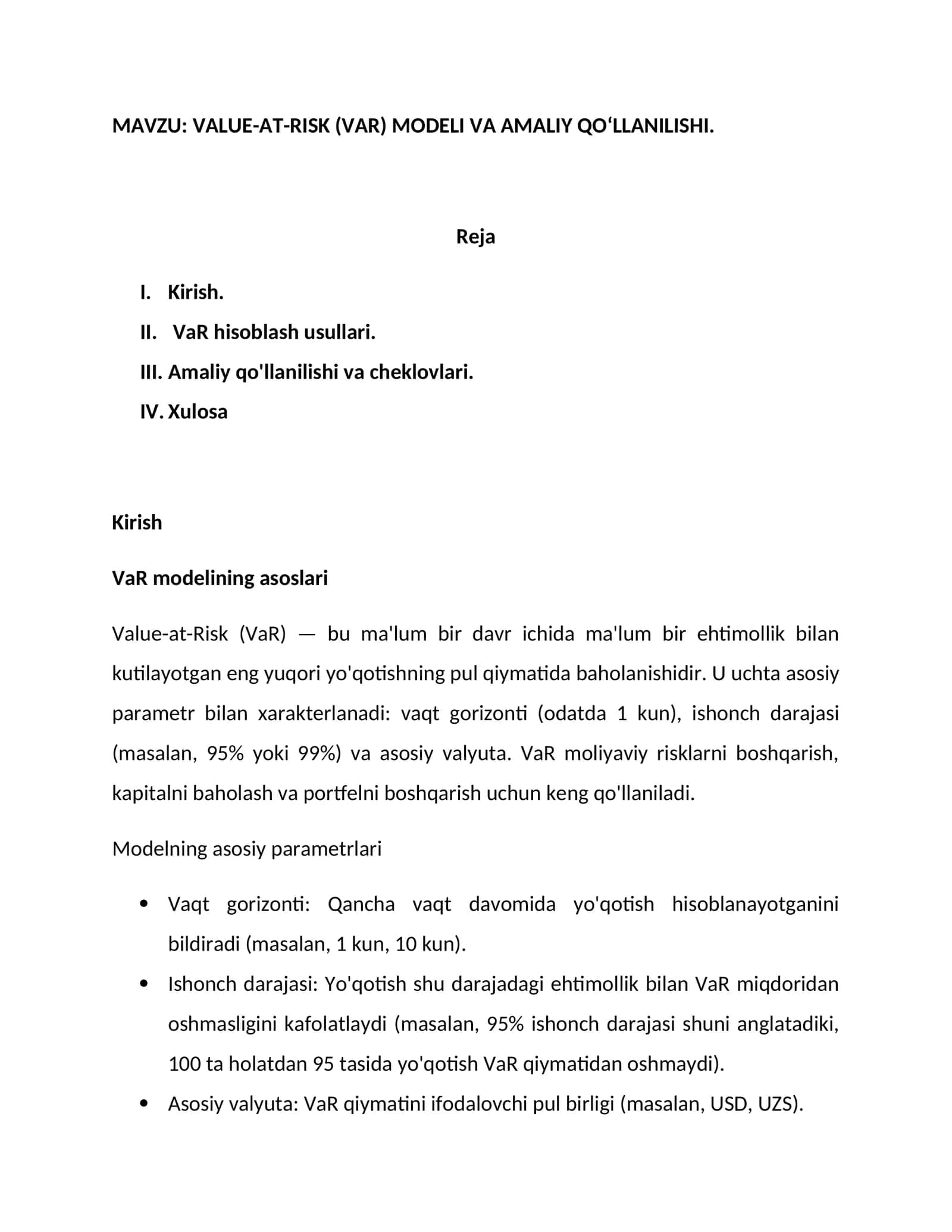 VALUE-AT-RISK (VAR) MODELI VA AMALIY QOʻLLANILISHI 1
