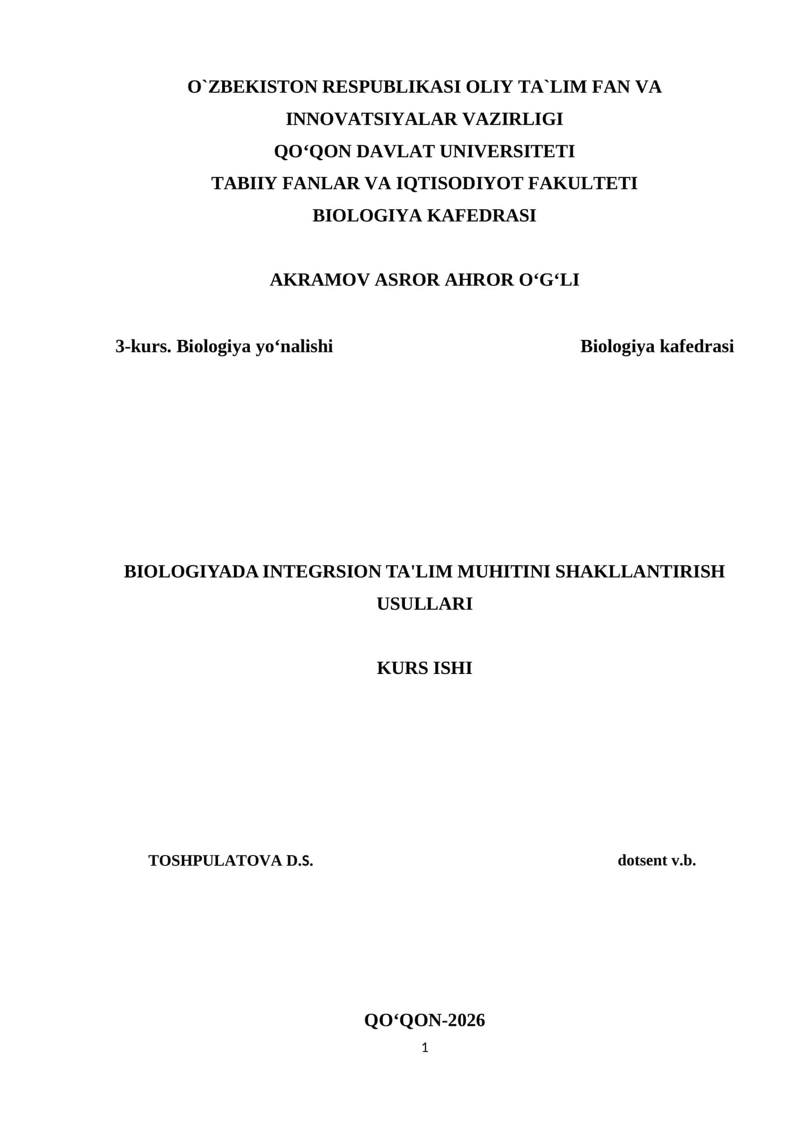 BIOLOGIYADA INTEGRSION TA'LIM MUHITINI SHAKLLANTIRISH USULLARI 1