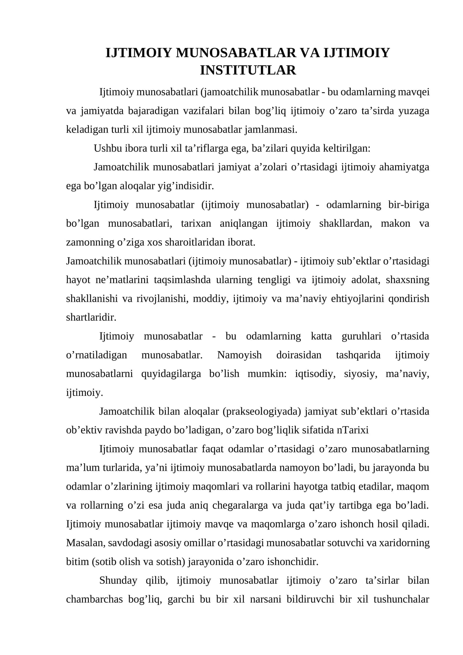IJTIMOIY MUNOSABATLAR VA IJTIMOIY INSTITUTLAR 1
