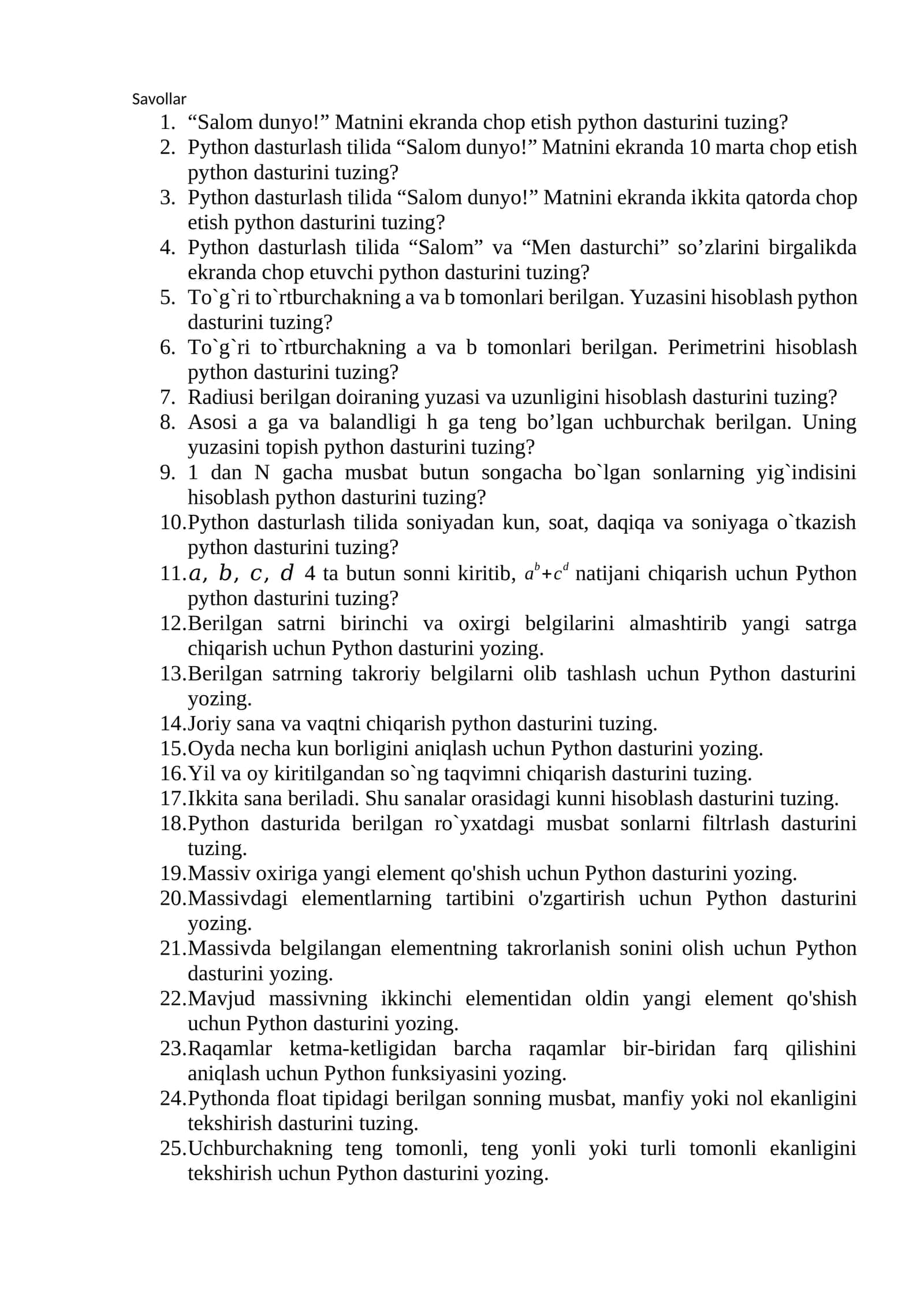 Python dasturlash tilida masalalar yechish 1